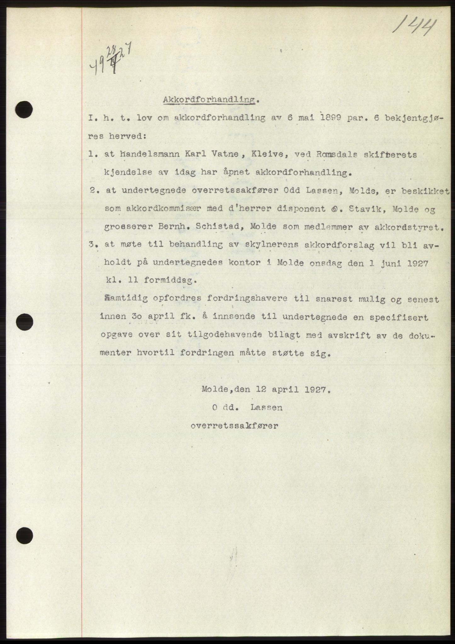 Romsdal sorenskriveri, AV/SAT-A-4149/1/2/2C/L0052: Mortgage book no. 46, 1927-1927, Deed date: 28.04.1927