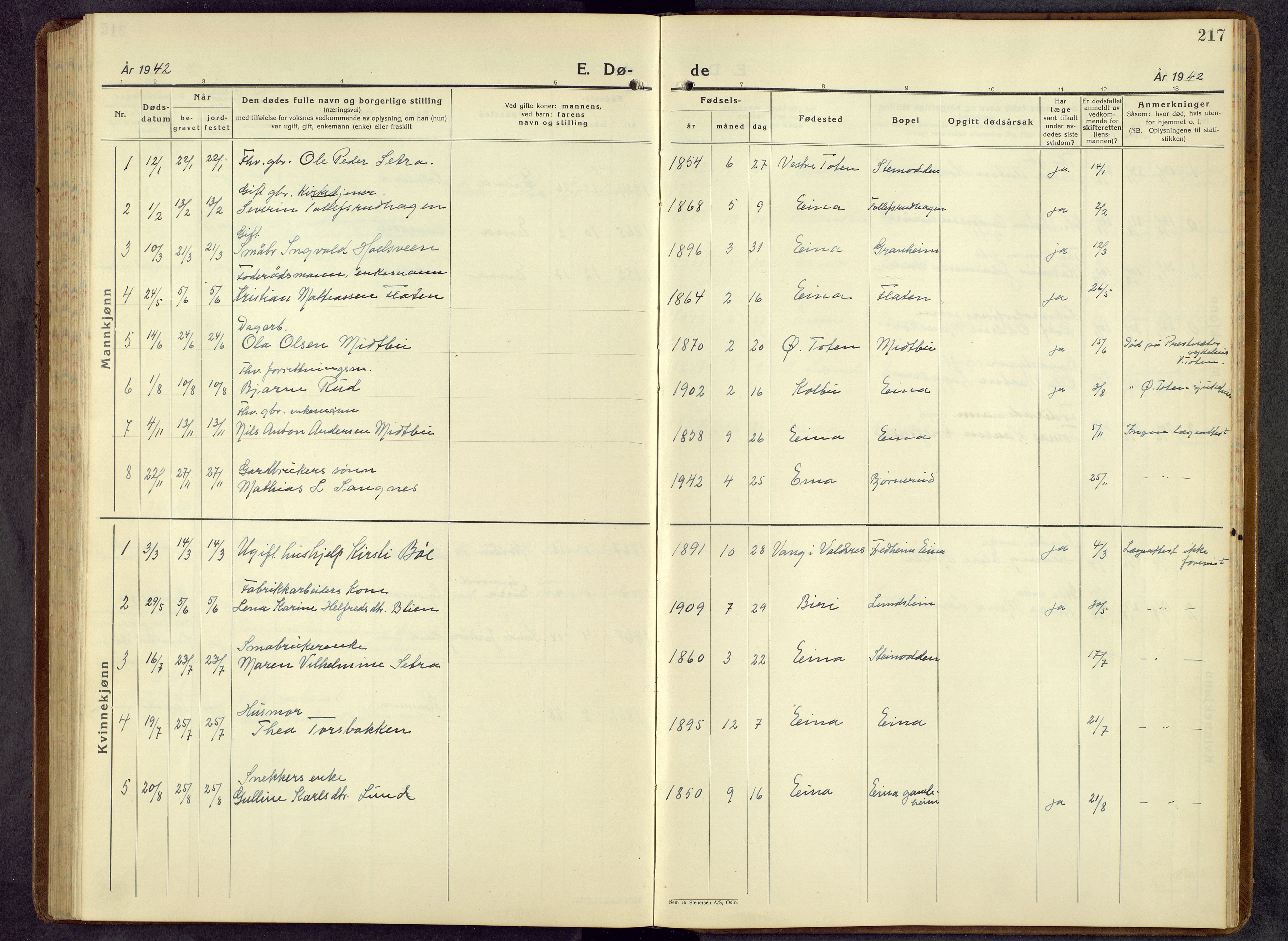 Kolbu prestekontor, AV/SAH-PREST-110/H/Ha/Hab/L0003: Parish register (copy) no. 3, 1935-1966, p. 217