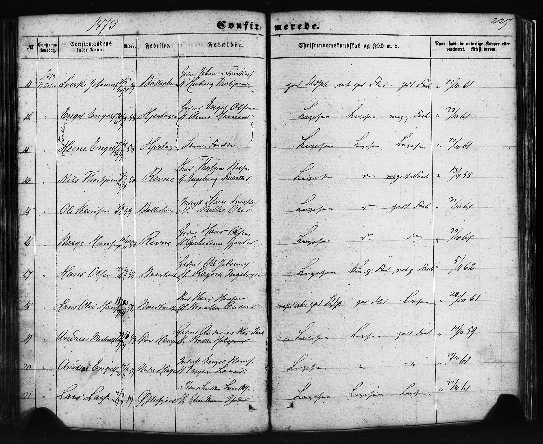 Fusa sokneprestembete, AV/SAB-A-75401/H/Haa: Parish register (official) no. A 1I, 1855-1879, p. 227