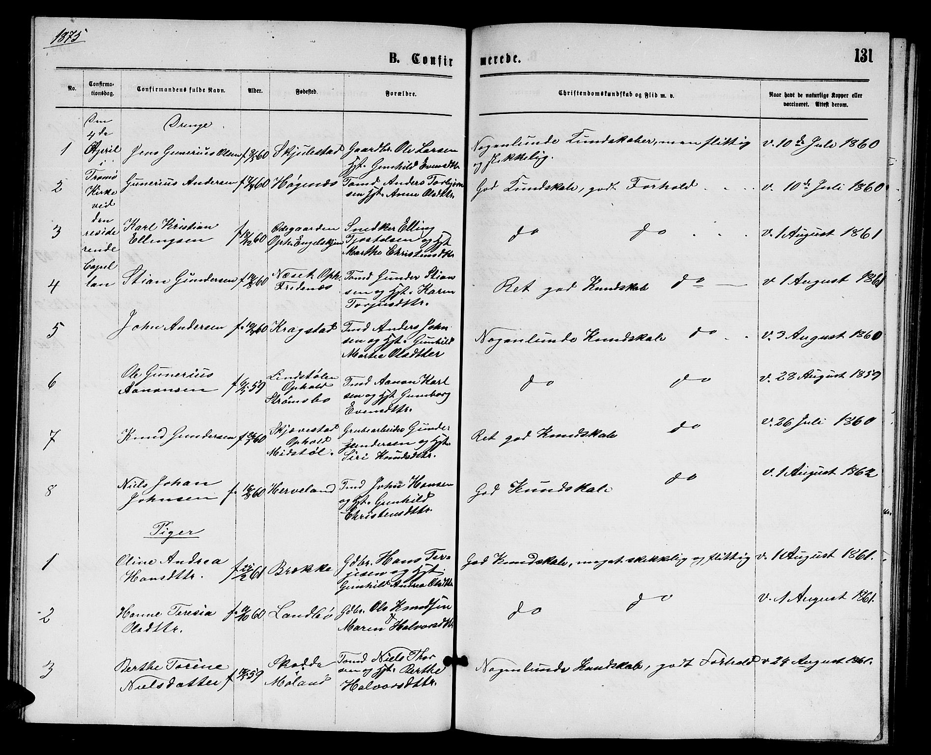 Austre Moland sokneprestkontor, SAK/1111-0001/F/Fb/Fba/L0002: Parish register (copy) no. B 2, 1869-1879, p. 131