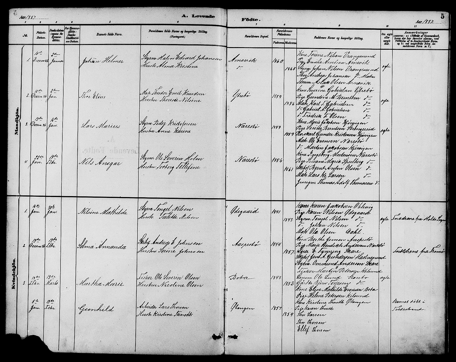 Dypvåg sokneprestkontor, AV/SAK-1111-0007/F/Fb/Fbb/L0004: Parish register (copy) no. B 4, 1887-1905, p. 5