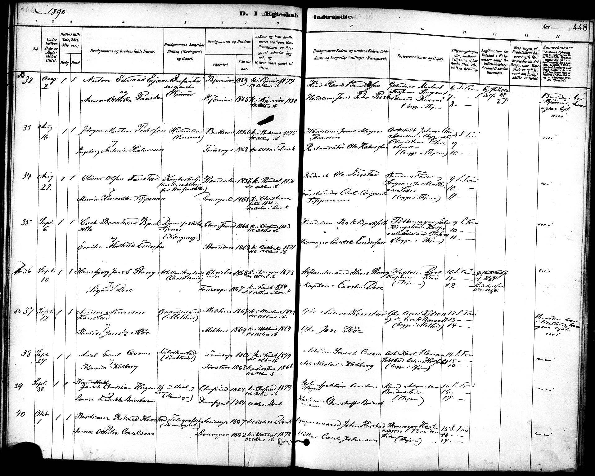Ministerialprotokoller, klokkerbøker og fødselsregistre - Sør-Trøndelag, AV/SAT-A-1456/601/L0058: Parish register (official) no. 601A26, 1877-1891, p. 448