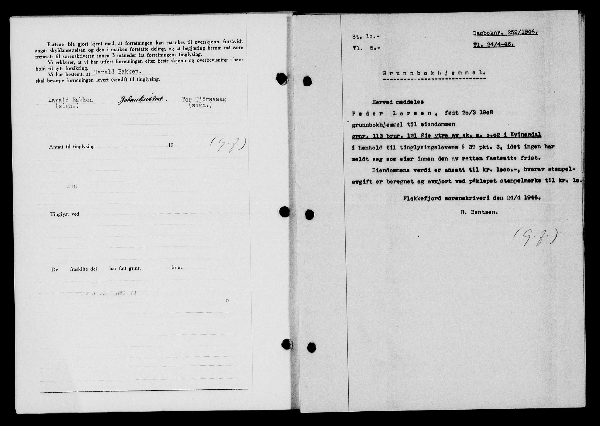 Flekkefjord sorenskriveri, SAK/1221-0001/G/Gb/Gba/L0060: Mortgage book no. A-8, 1945-1946, Diary no: : 252/1946