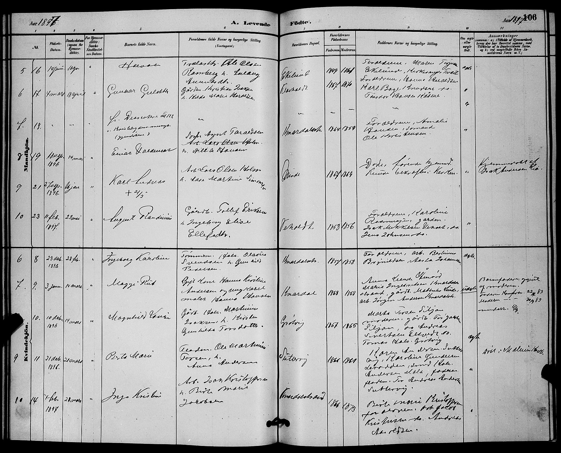 Solum kirkebøker, SAKO/A-306/G/Ga/L0007: Parish register (copy) no. I 7, 1884-1898, p. 106