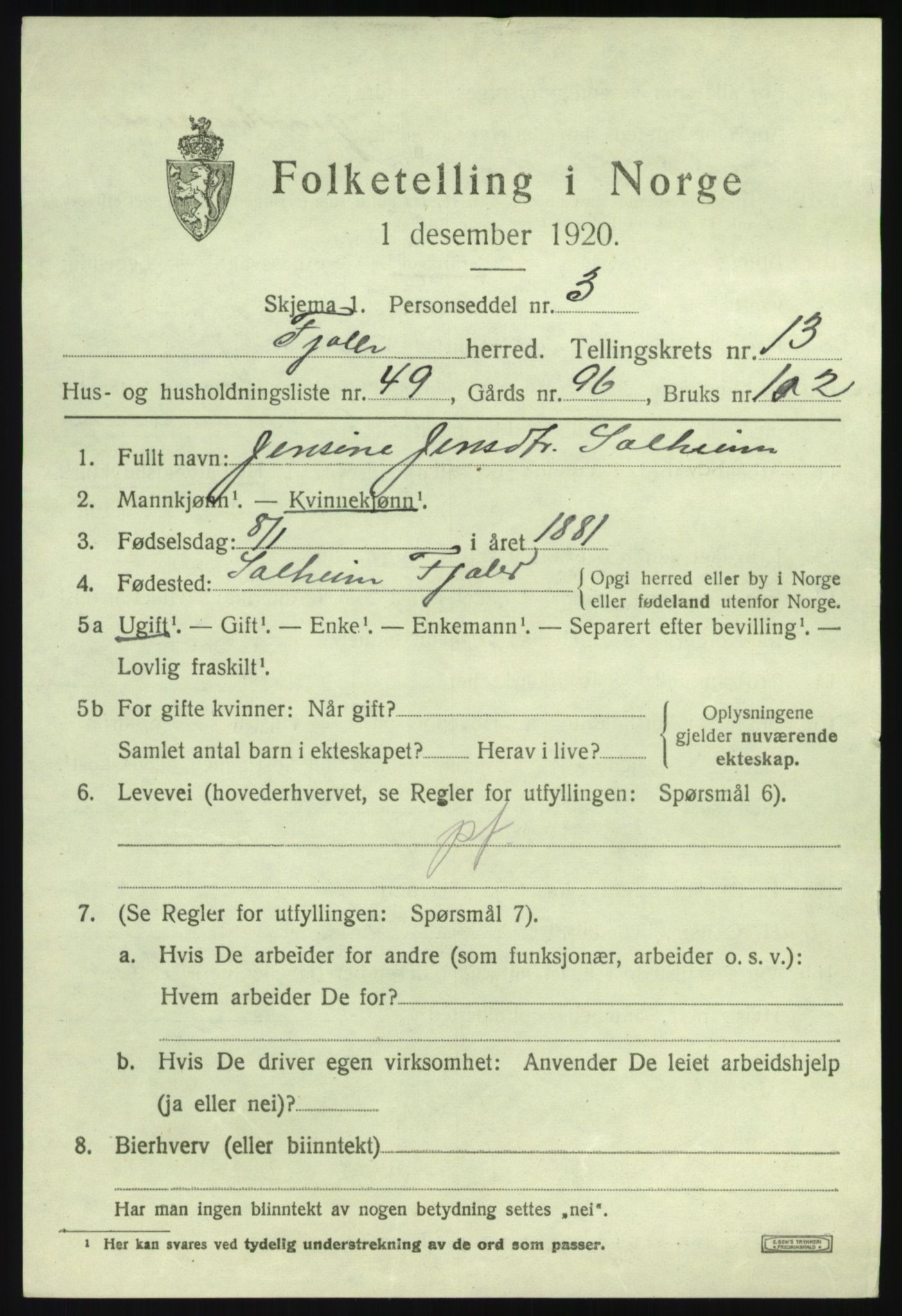 SAB, 1920 census for Fjaler, 1920, p. 7813