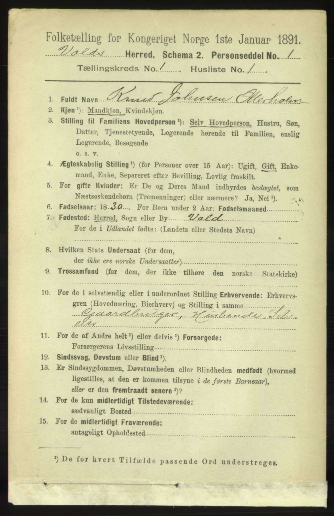 RA, 1891 census for 1537 Voll, 1891, p. 102