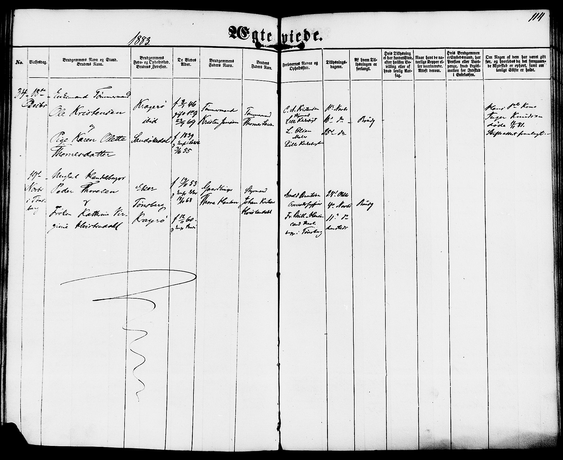 Kragerø kirkebøker, SAKO/A-278/F/Fa/L0009: Parish register (official) no. 9, 1861-1886, p. 114