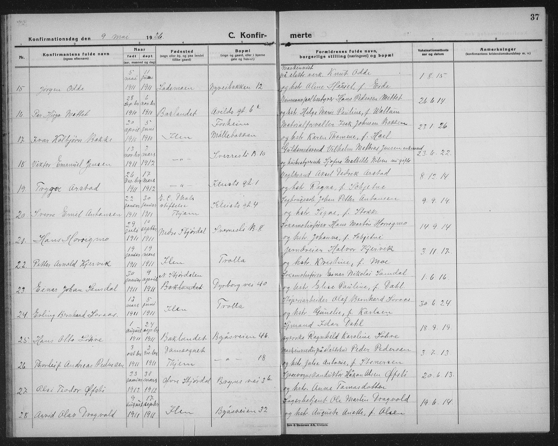 Ministerialprotokoller, klokkerbøker og fødselsregistre - Sør-Trøndelag, AV/SAT-A-1456/603/L0175: Parish register (copy) no. 603C03, 1923-1941, p. 37