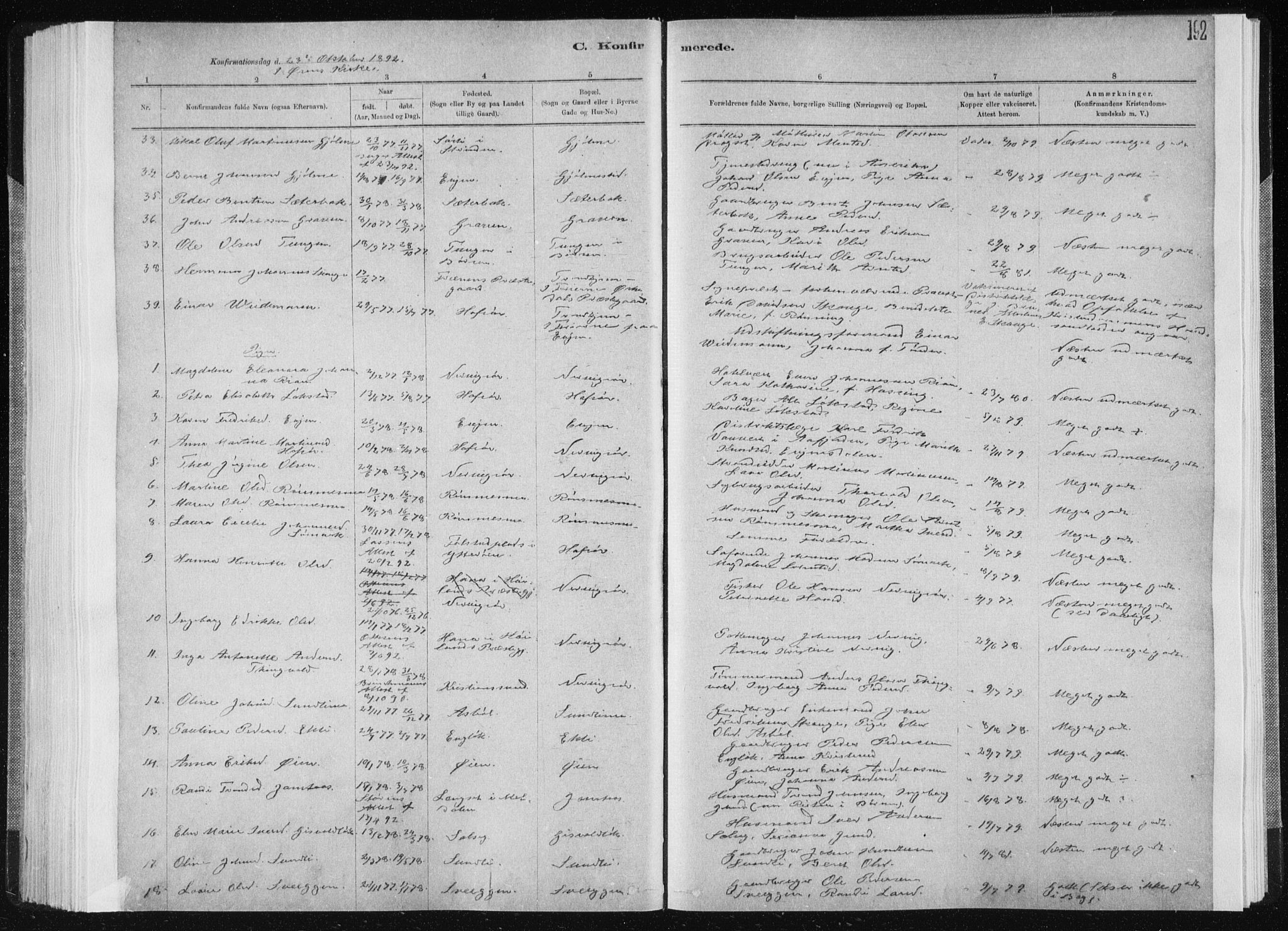 Ministerialprotokoller, klokkerbøker og fødselsregistre - Sør-Trøndelag, SAT/A-1456/668/L0818: Parish register (copy) no. 668C07, 1885-1898, p. 192