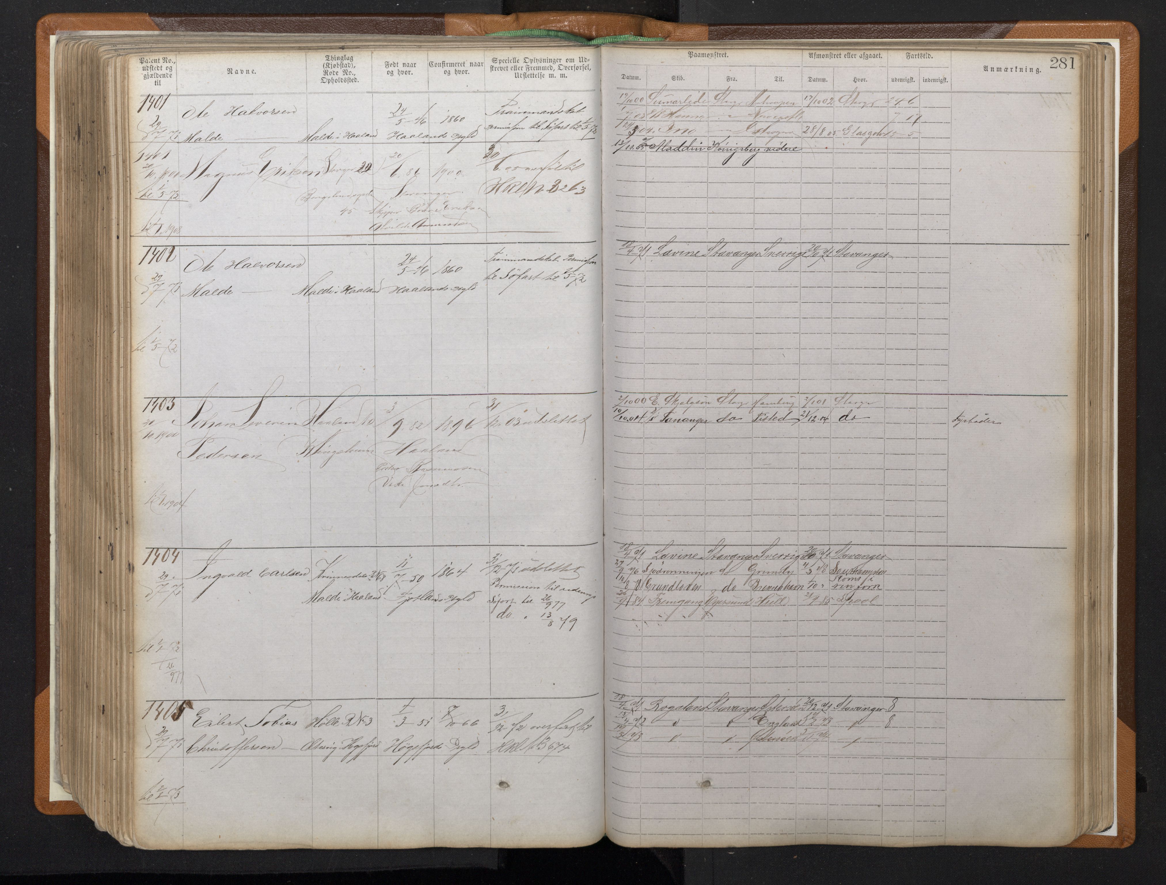 Stavanger sjømannskontor, AV/SAST-A-102006/F/Ff/L0008: Annotasjonsrulle, patentnr. 1-1805 (dublett), 1869-1900, p. 285