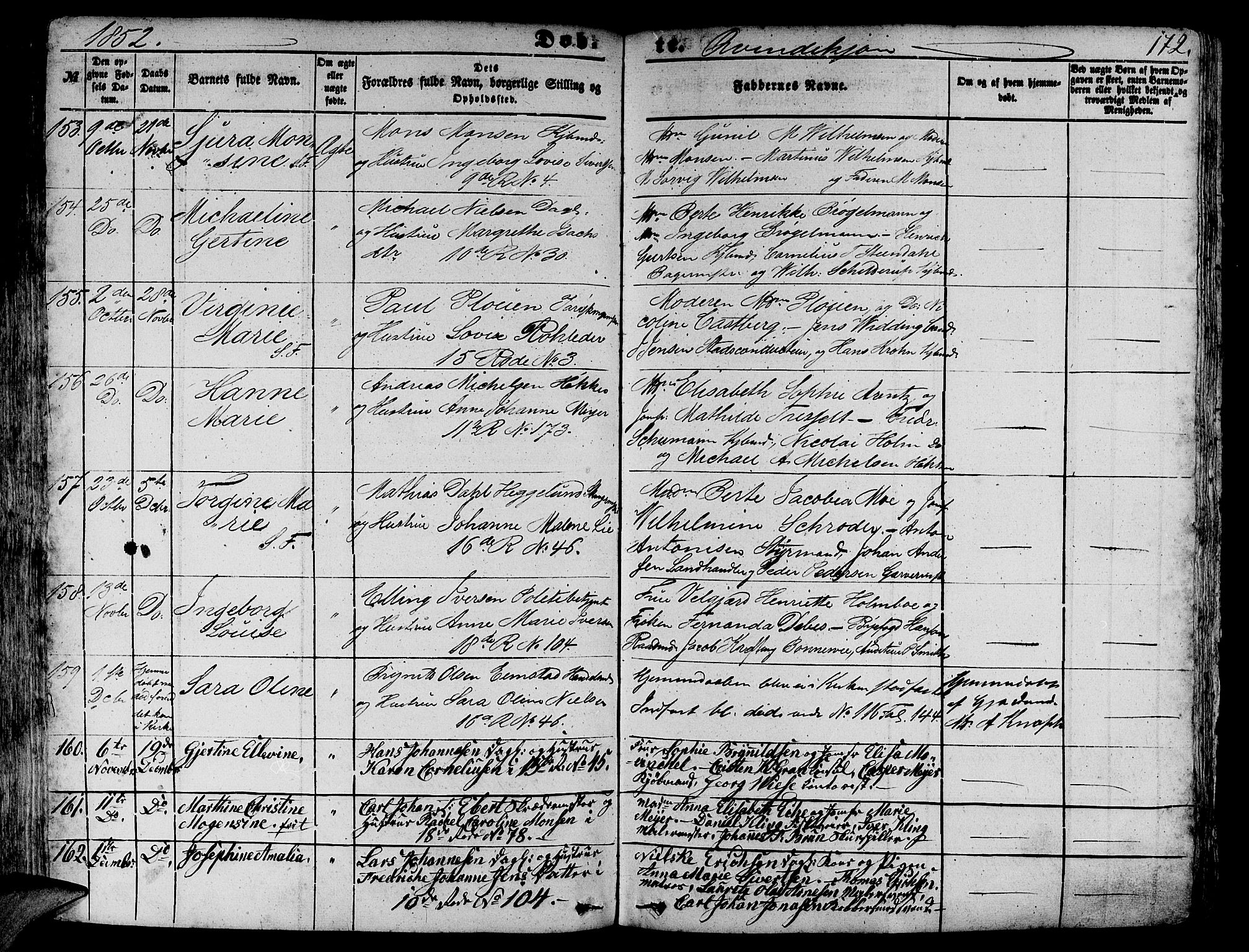 Domkirken sokneprestembete, SAB/A-74801/H/Hab/L0010: Parish register (copy) no. B 3, 1849-1856, p. 172