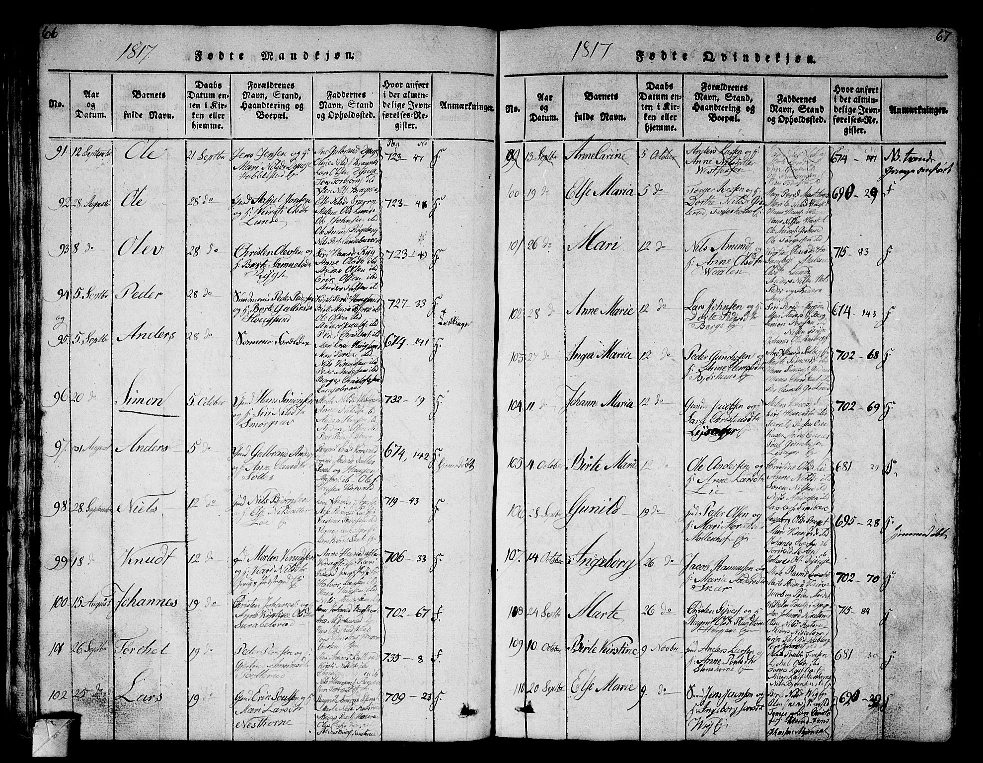 Eiker kirkebøker, AV/SAKO-A-4/G/Ga/L0001: Parish register (copy) no. I 1, 1814-1832, p. 66-67