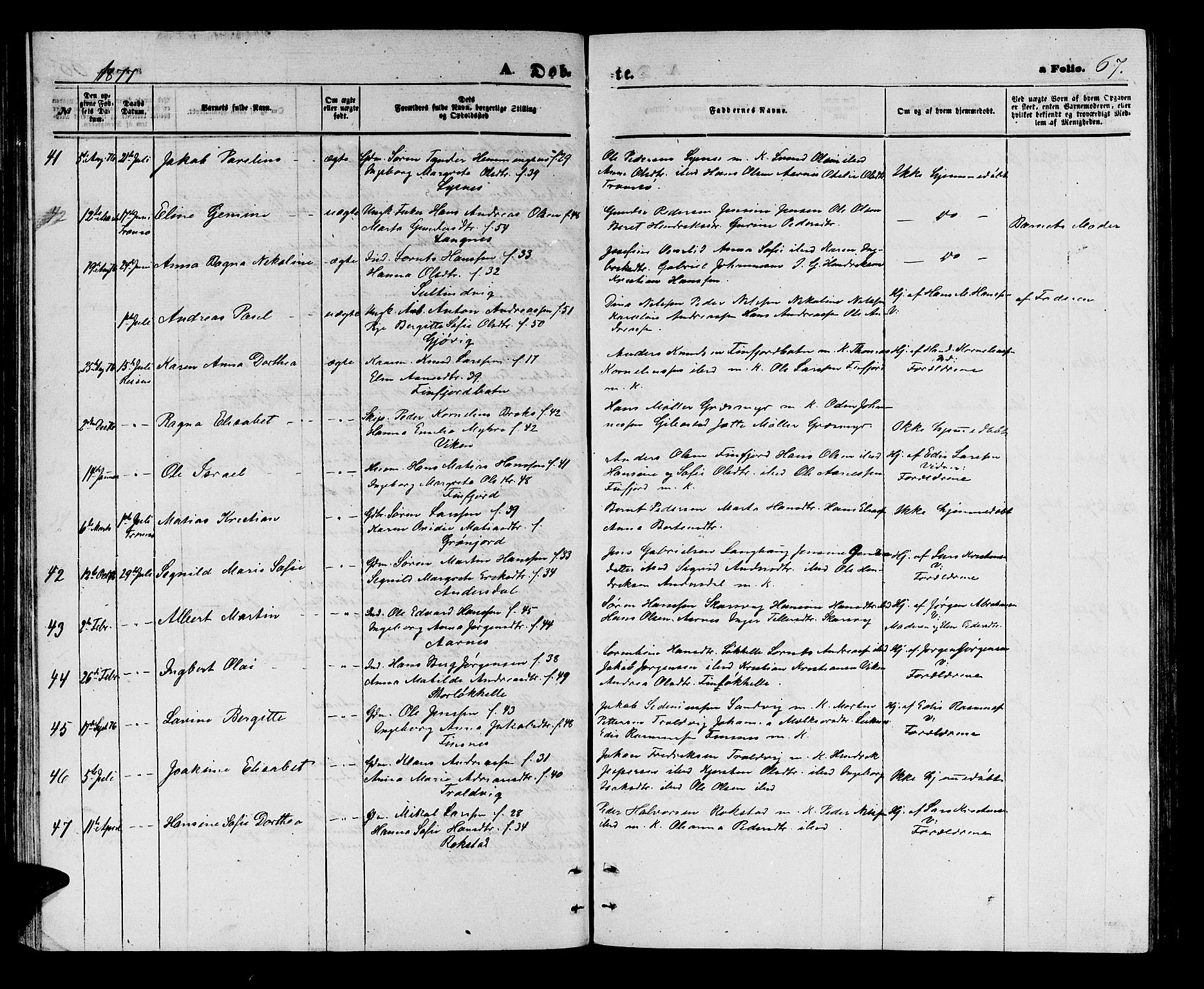 Lenvik sokneprestembete, SATØ/S-1310/H/Ha/Hab/L0005klokker: Parish register (copy) no. 5, 1870-1880, p. 67