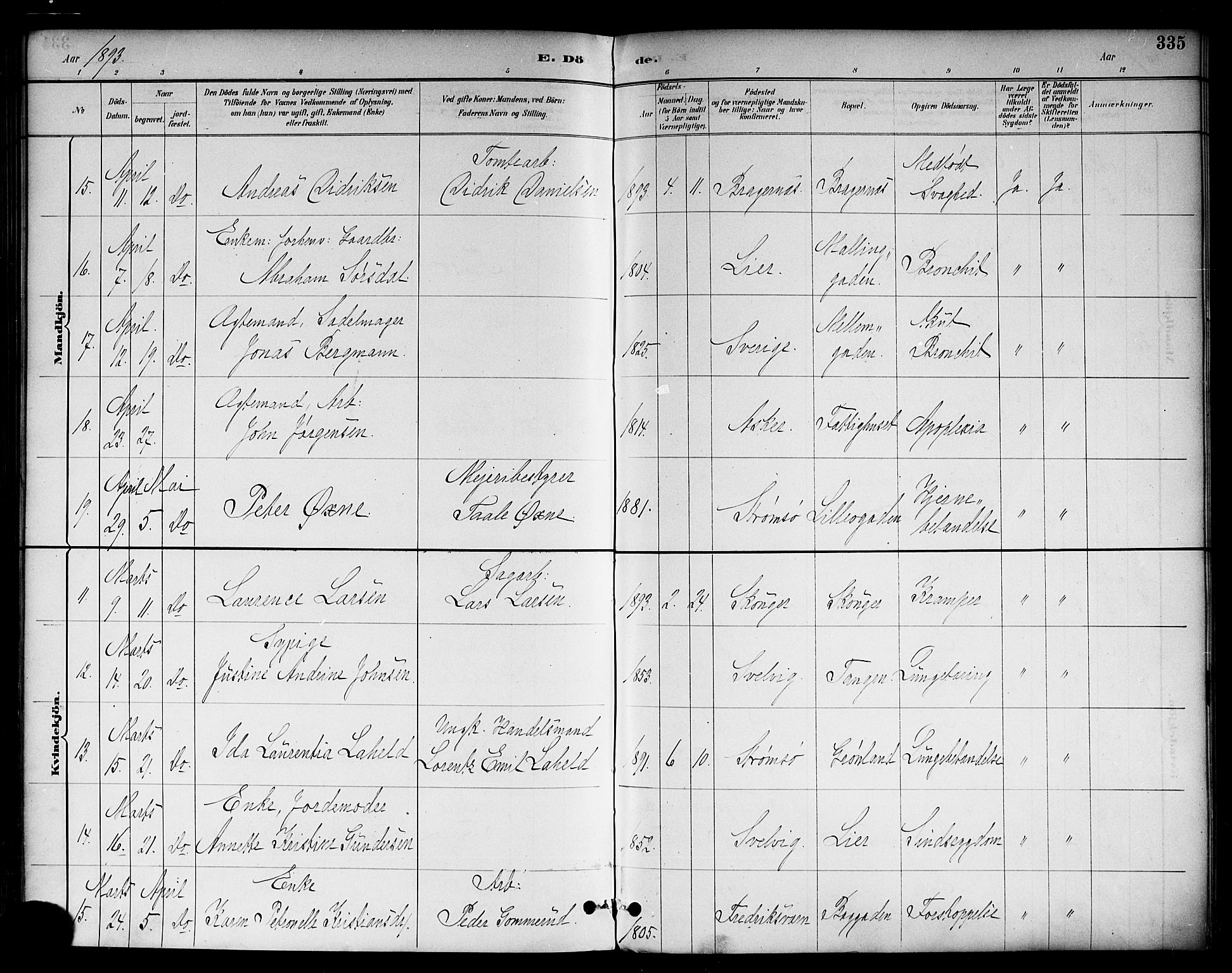 Strømsø kirkebøker, SAKO/A-246/F/Fa/L0023: Parish register (official) no. I 23, 1885-1894, p. 335