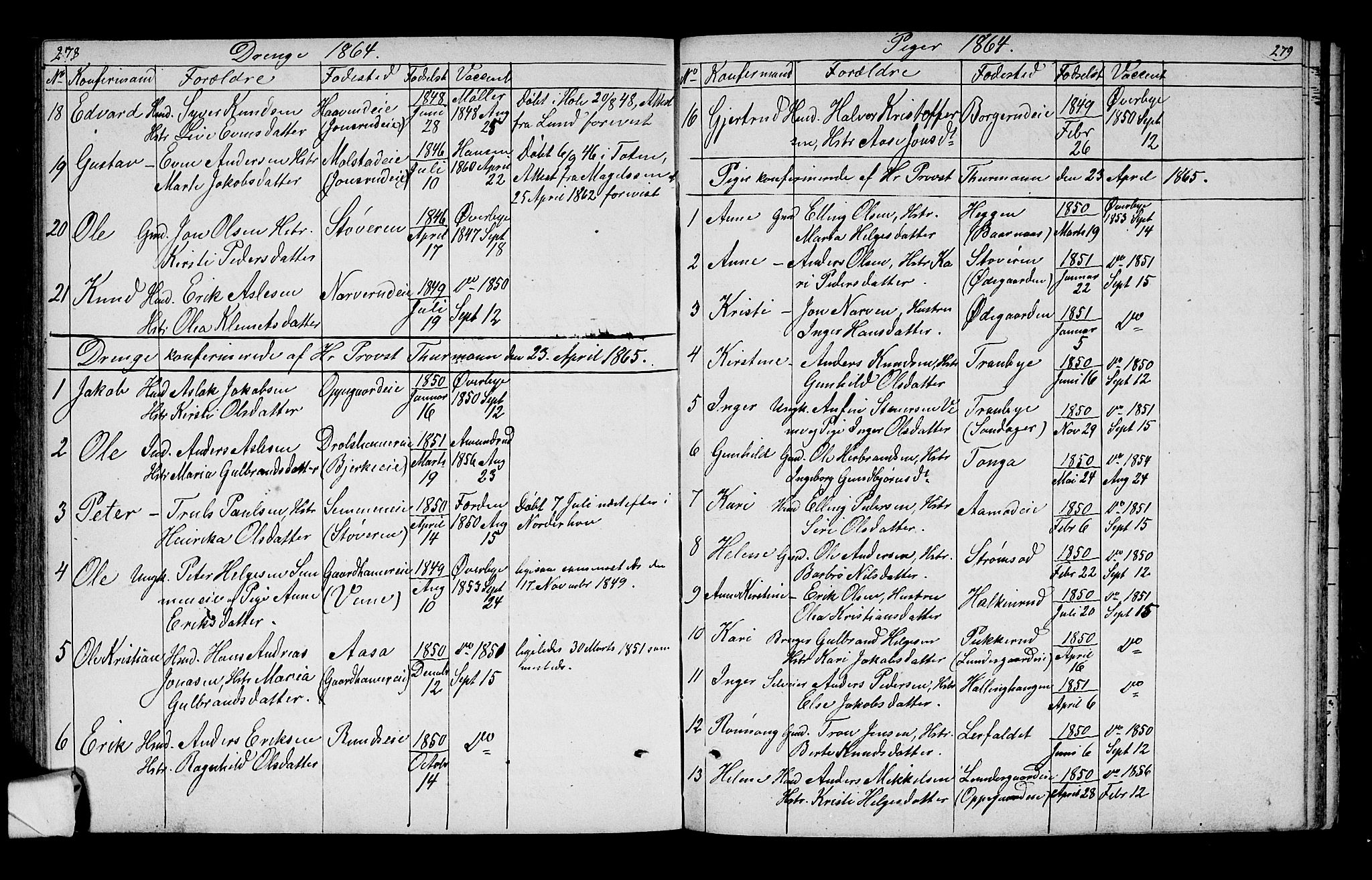 Lunder kirkebøker, SAKO/A-629/G/Ga/L0002: Parish register (copy) no. I 2, 1849-1868, p. 278-279