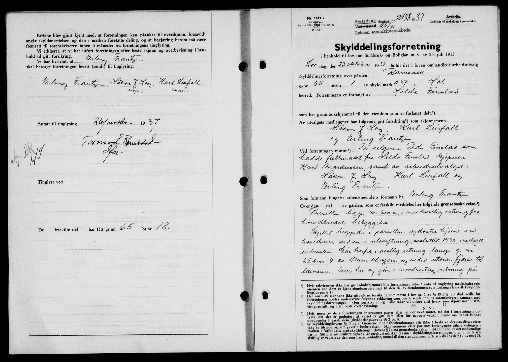 Lofoten sorenskriveri, SAT/A-0017/1/2/2C/L0003a: Mortgage book no. 3a, 1937-1938, Diary no: : 2438/1937