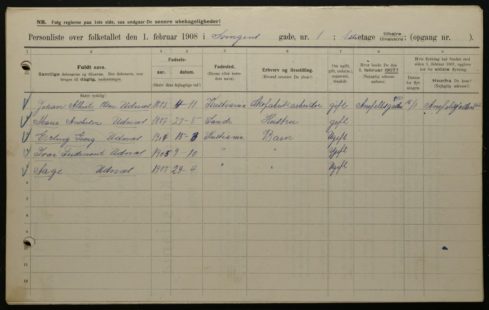 OBA, Municipal Census 1908 for Kristiania, 1908, p. 95412