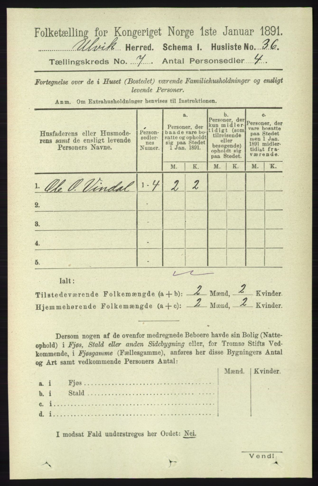 RA, 1891 census for 1233 Ulvik, 1891, p. 2260