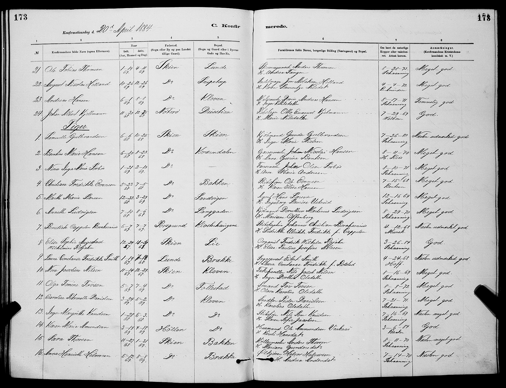 Skien kirkebøker, SAKO/A-302/G/Ga/L0006: Parish register (copy) no. 6, 1881-1890, p. 173