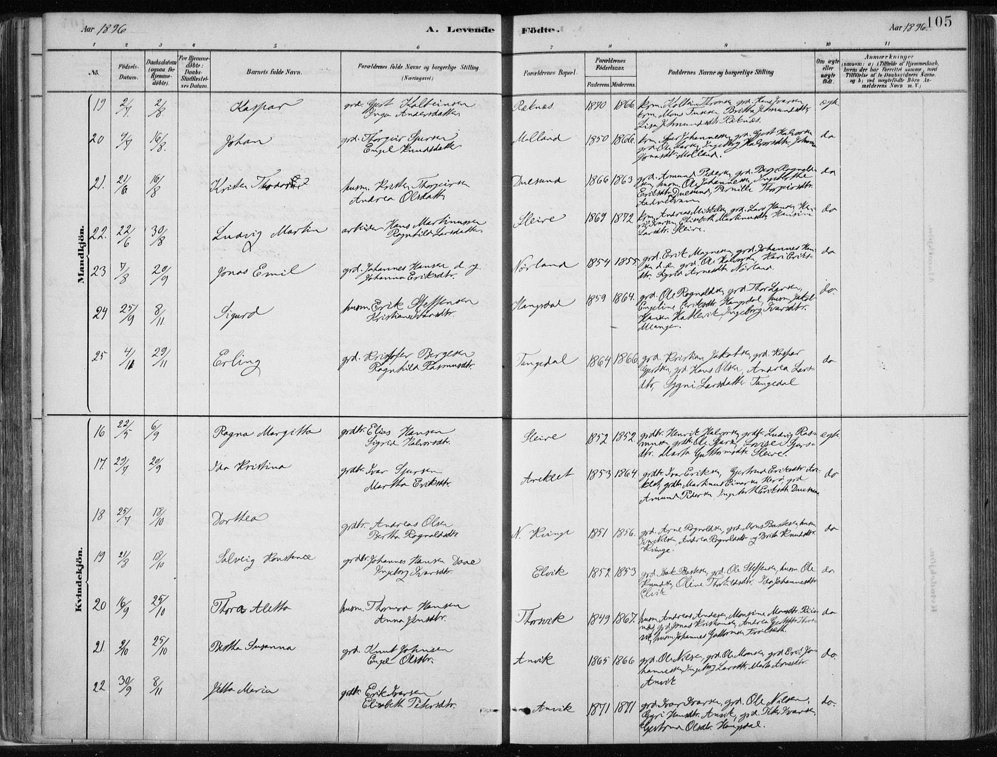 Masfjorden Sokneprestembete, SAB/A-77001: Parish register (official) no. B  1, 1876-1899, p. 105