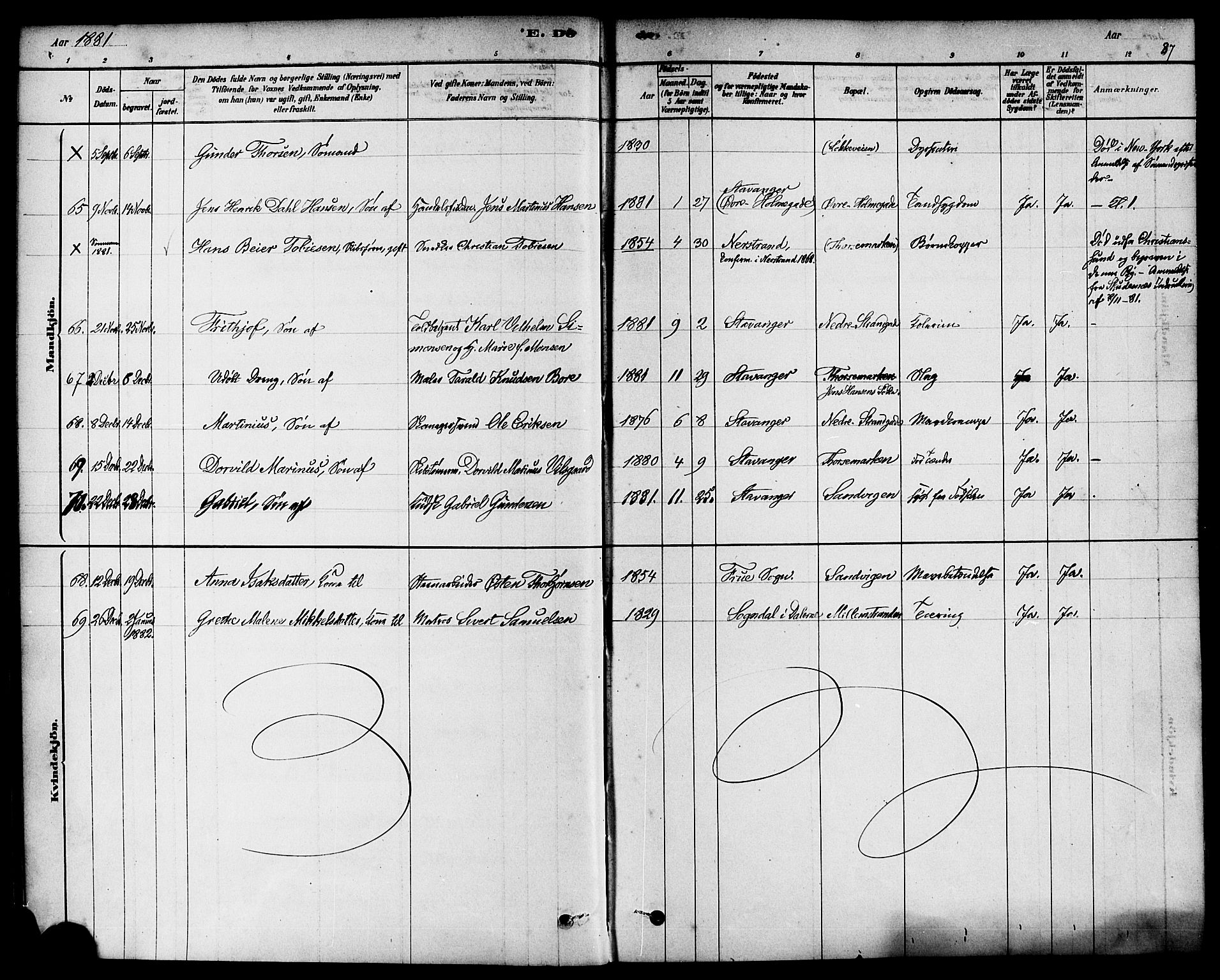 Domkirken sokneprestkontor, AV/SAST-A-101812/001/30/30BA/L0027: Parish register (official) no. A 26, 1878-1896, p. 37