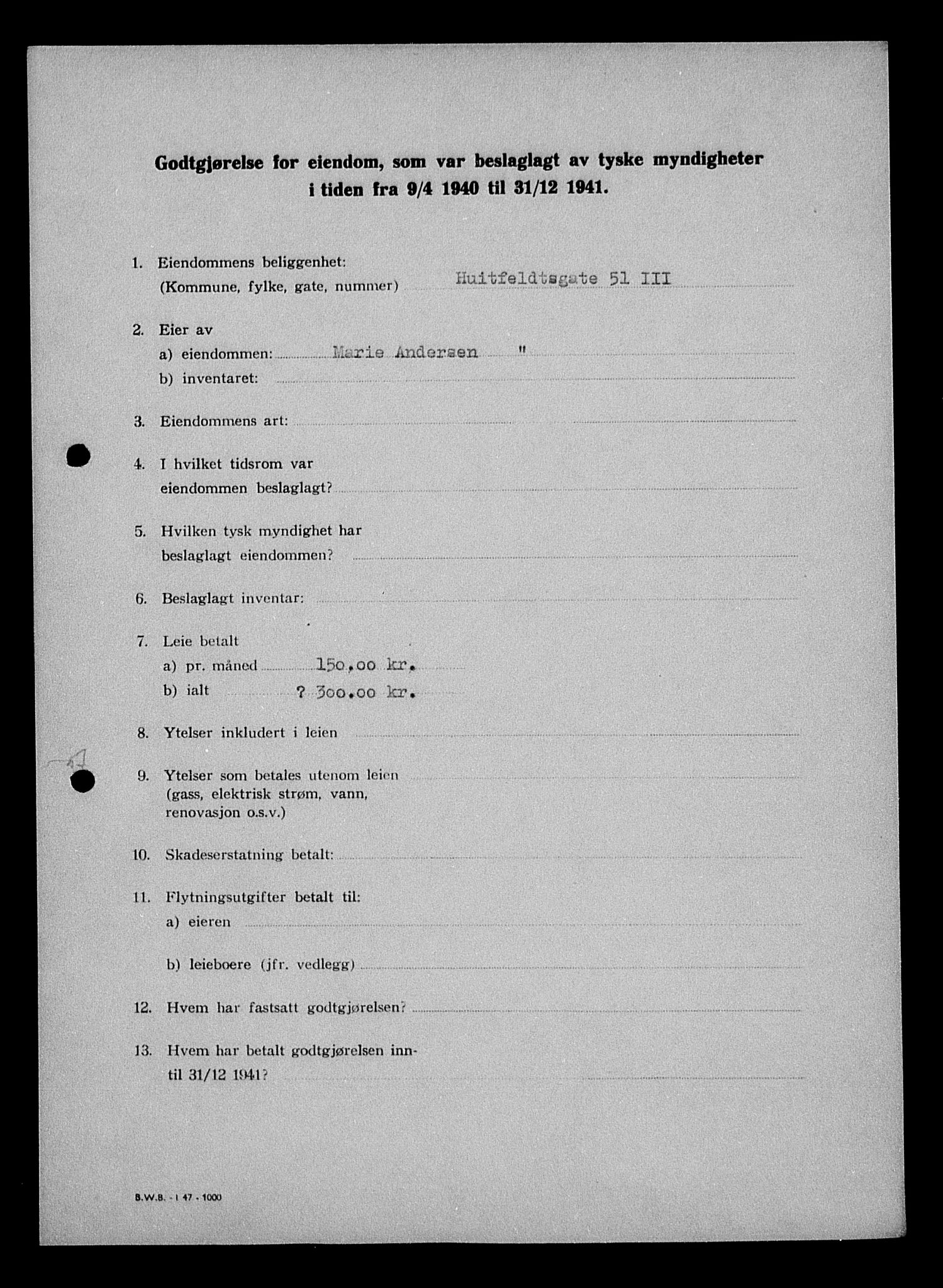 Justisdepartementet, Tilbakeføringskontoret for inndratte formuer, AV/RA-S-1564/I/L1010: Godtgjørelse for beslaglagt eiendom, 1940-1941, p. 314