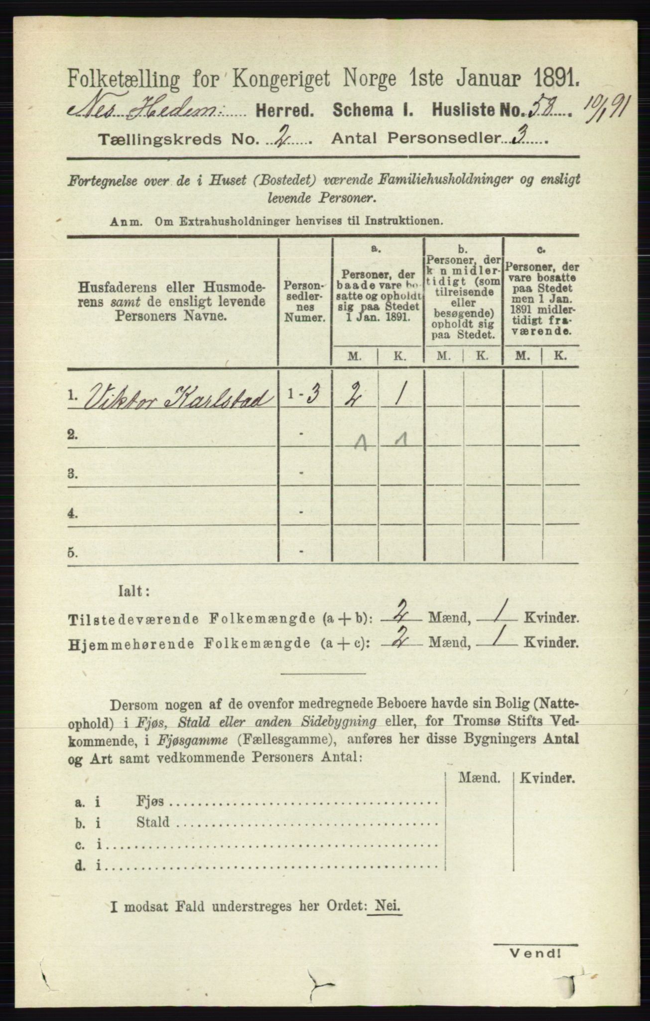 RA, 1891 census for 0411 Nes, 1891, p. 1063