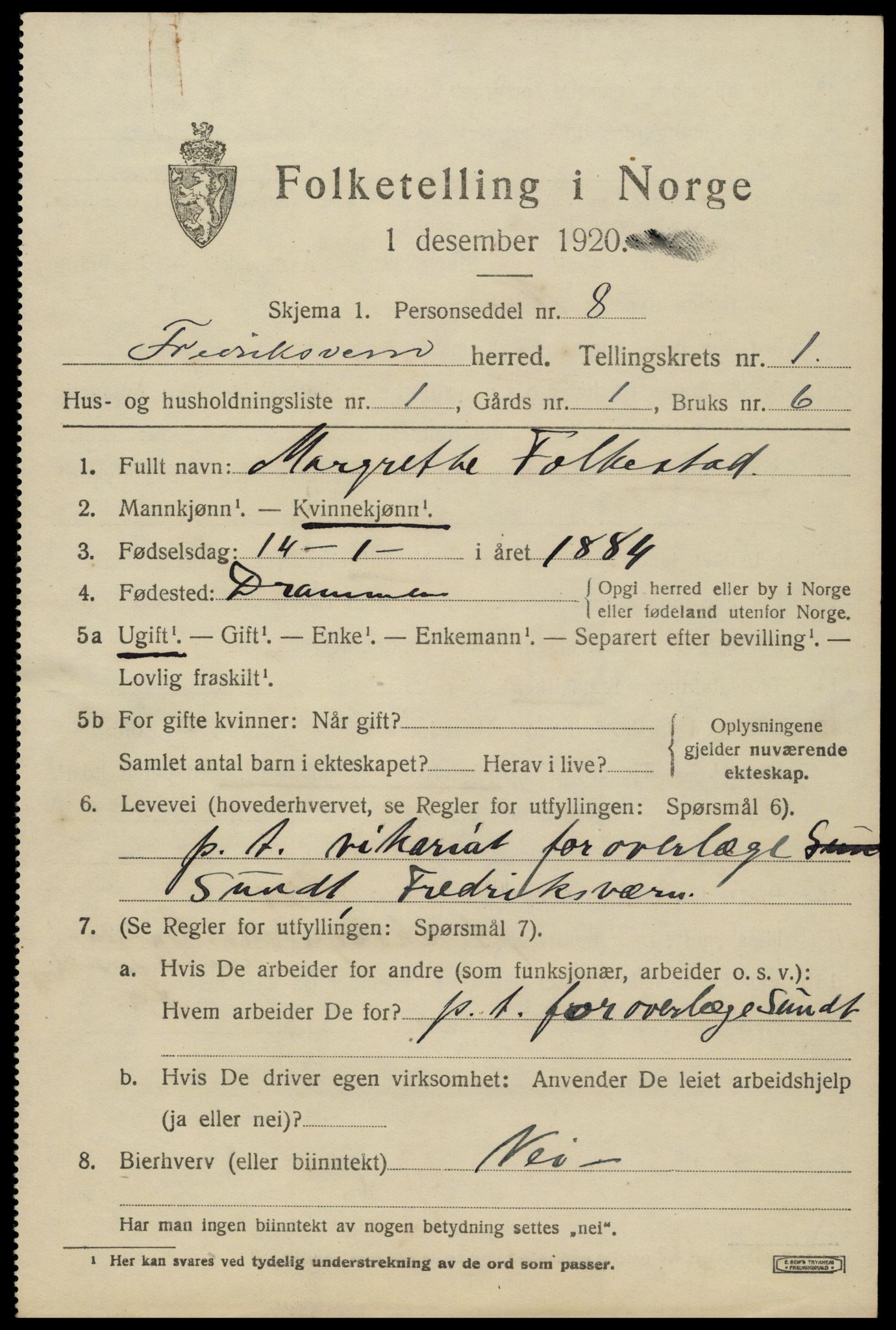SAKO, 1920 census for Fredriksvern, 1920, p. 391
