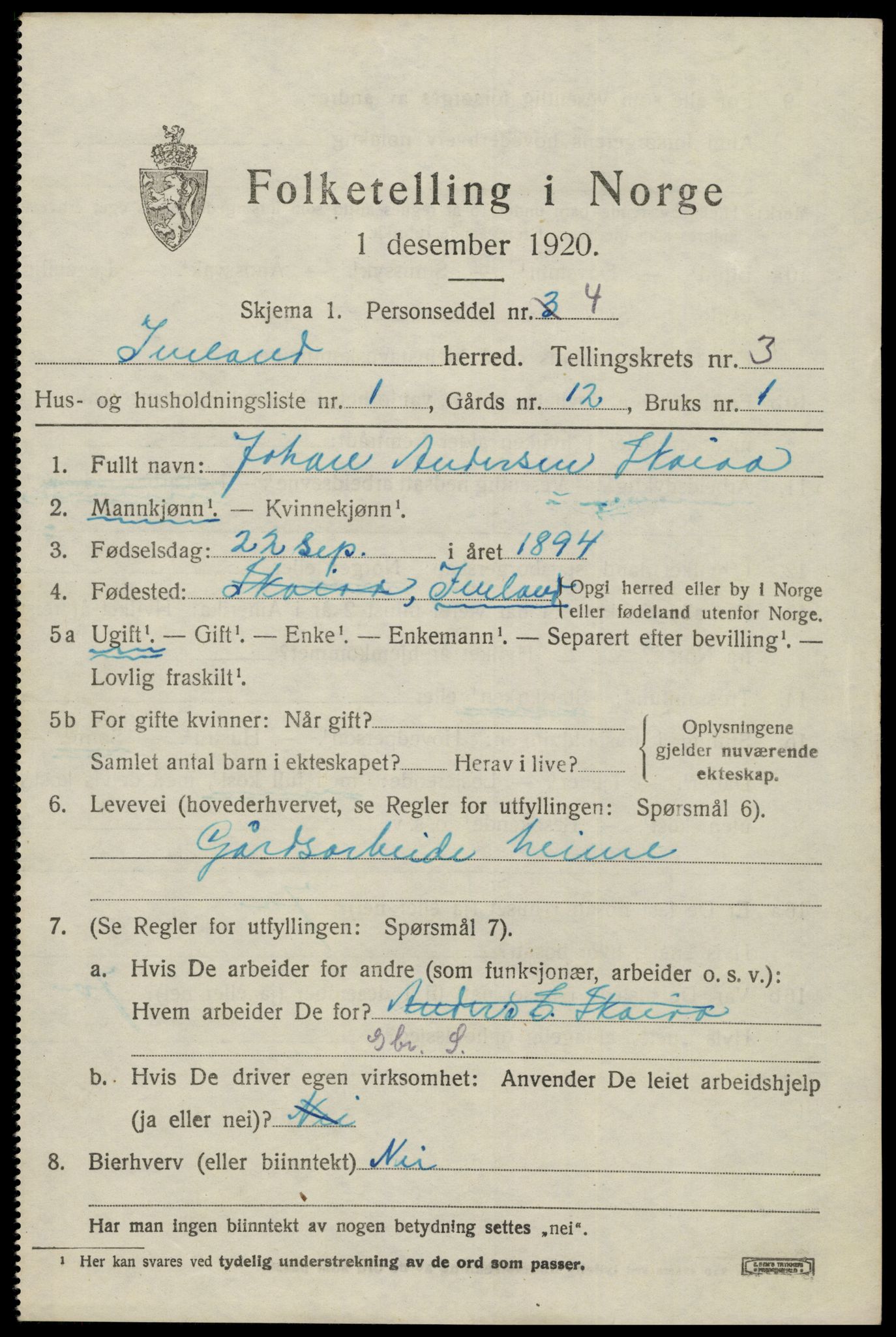 SAK, 1920 census for Iveland, 1920, p. 939