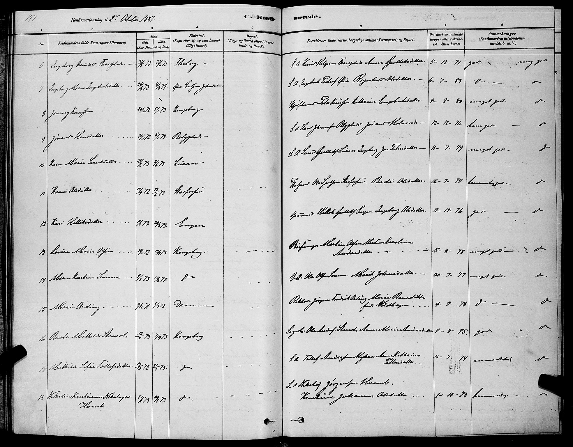 Kongsberg kirkebøker, SAKO/A-22/G/Ga/L0005: Parish register (copy) no. 5, 1878-1889, p. 147