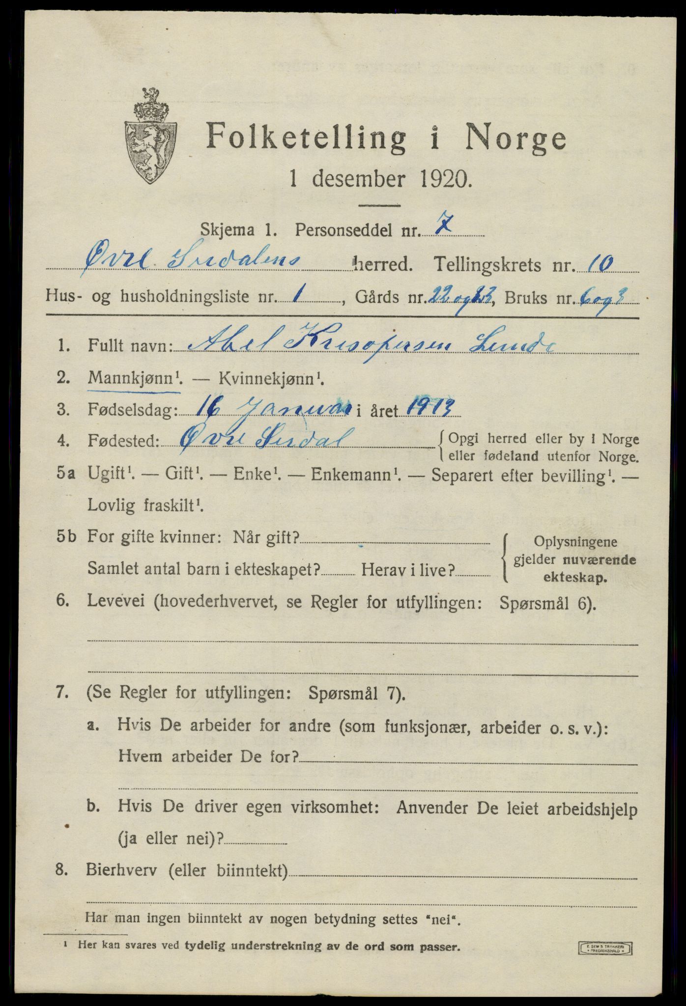 SAK, 1920 census for Øvre Sirdal, 1920, p. 1671