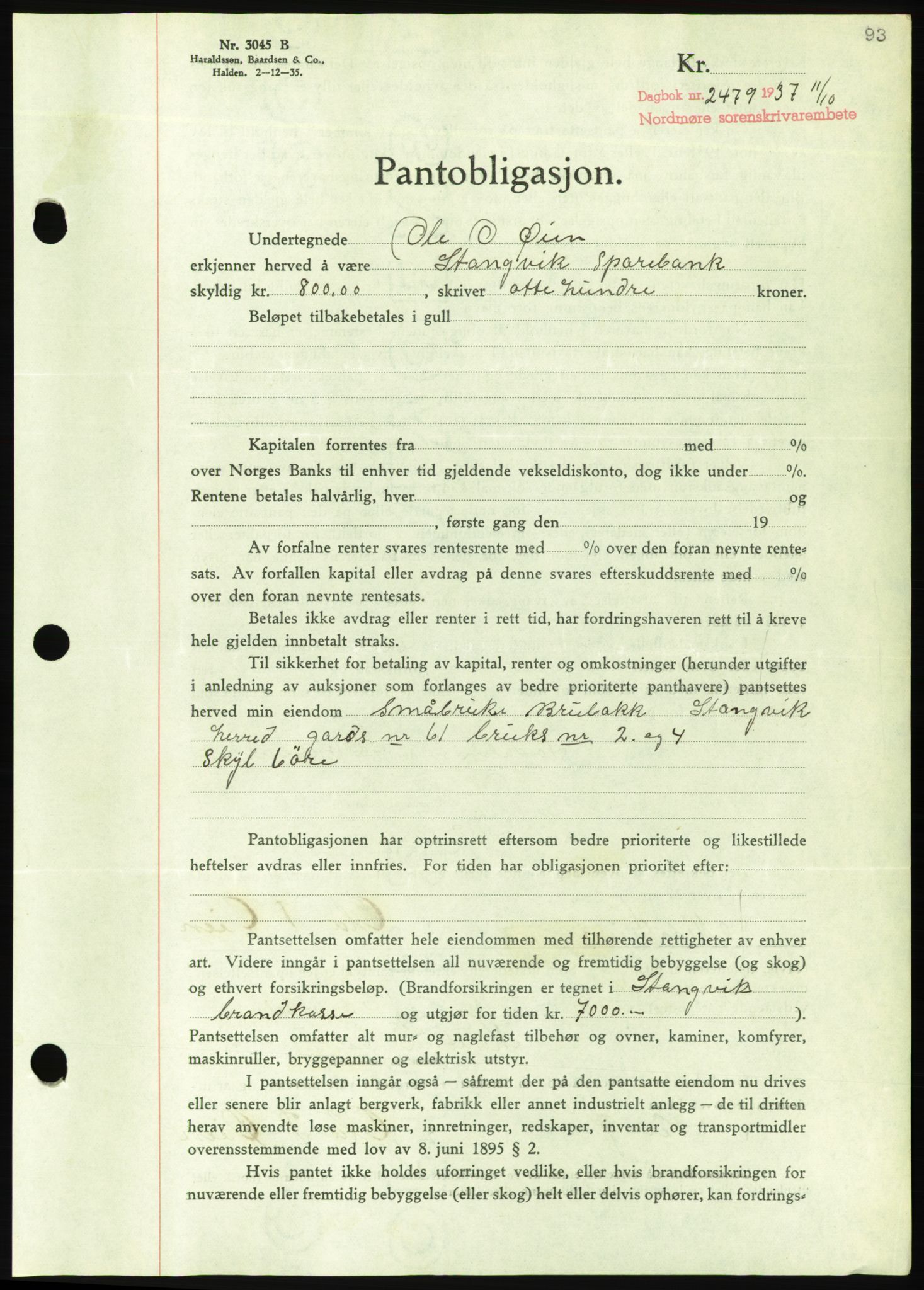 Nordmøre sorenskriveri, AV/SAT-A-4132/1/2/2Ca/L0092: Mortgage book no. B82, 1937-1938, Diary no: : 2479/1937