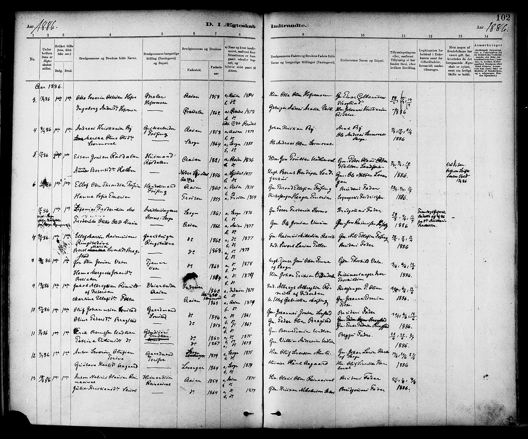 Ministerialprotokoller, klokkerbøker og fødselsregistre - Nord-Trøndelag, SAT/A-1458/714/L0130: Parish register (official) no. 714A01, 1878-1895, p. 102
