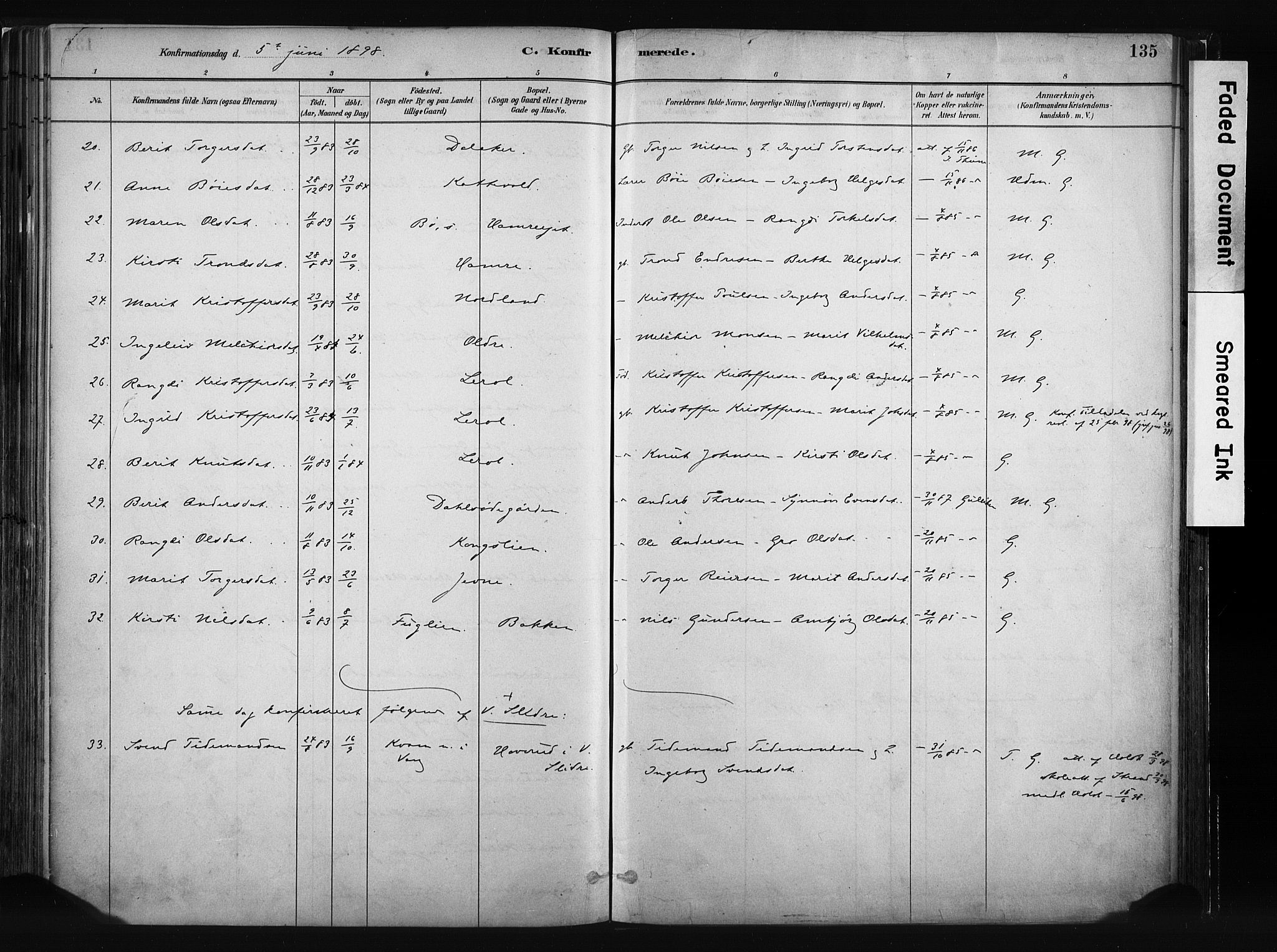 Vang prestekontor, Valdres, SAH/PREST-140/H/Ha/L0008: Parish register (official) no. 8, 1882-1910, p. 135