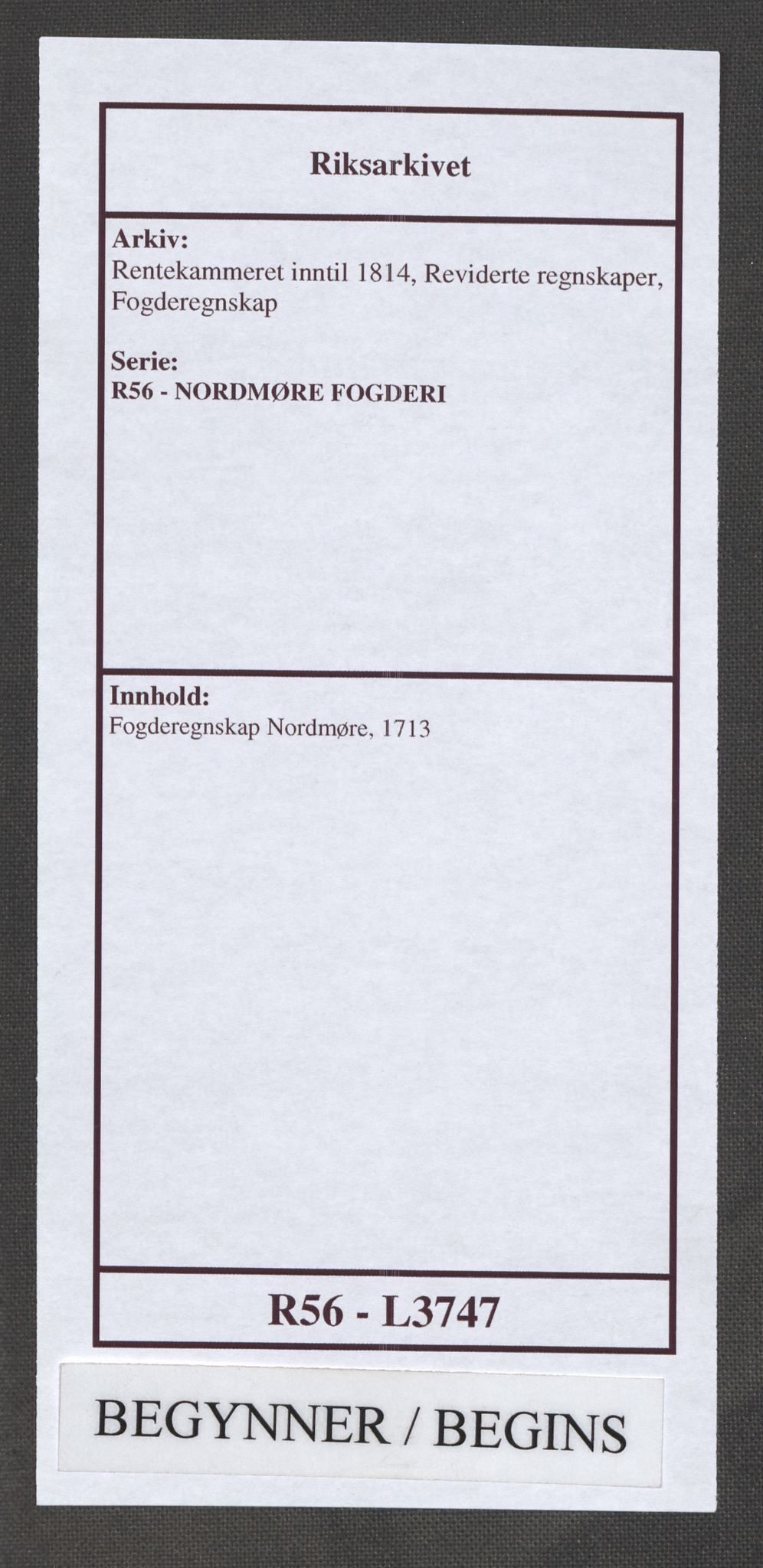 Rentekammeret inntil 1814, Reviderte regnskaper, Fogderegnskap, RA/EA-4092/R56/L3747: Fogderegnskap Nordmøre, 1713, p. 1