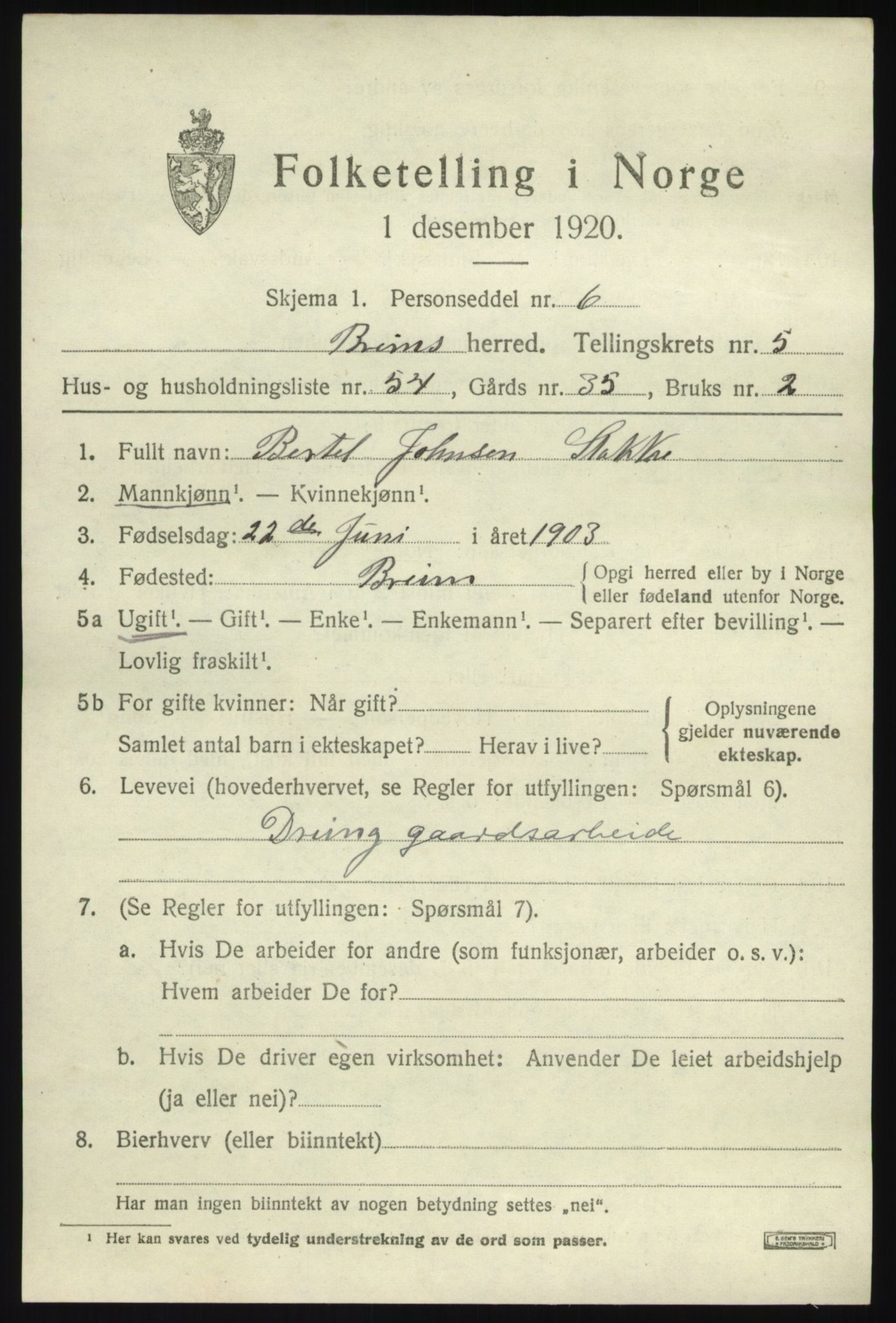 SAB, 1920 census for Breim, 1920, p. 3473