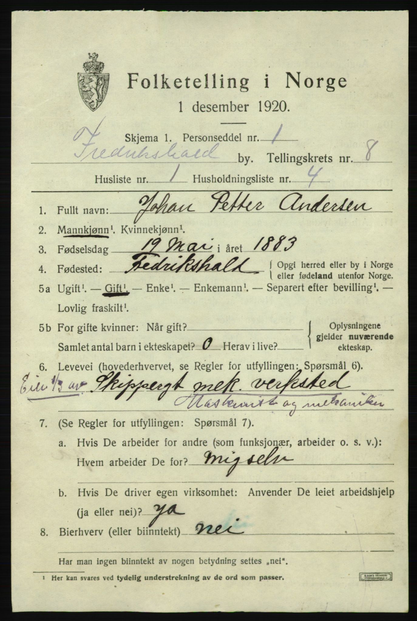 SAO, 1920 census for Fredrikshald, 1920, p. 14625