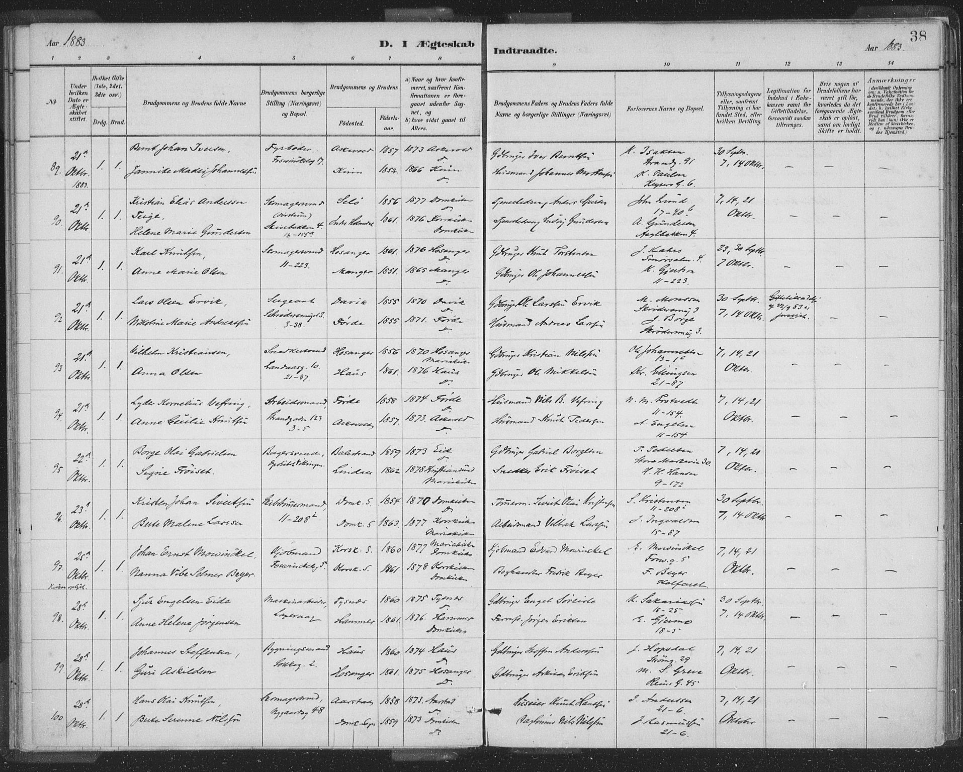 Domkirken sokneprestembete, AV/SAB-A-74801/H/Hab/L0032: Parish register (copy) no. D 4, 1880-1907, p. 38