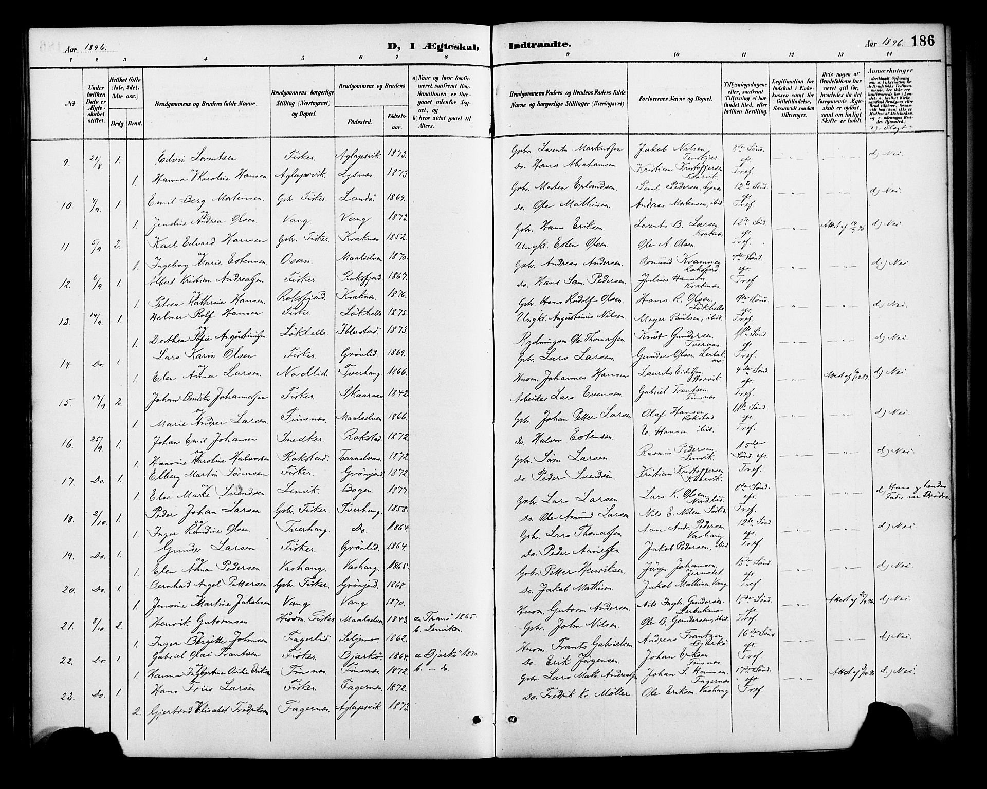 Lenvik sokneprestembete, SATØ/S-1310/H/Ha/Haa/L0013kirke: Parish register (official) no. 13, 1890-1898, p. 186