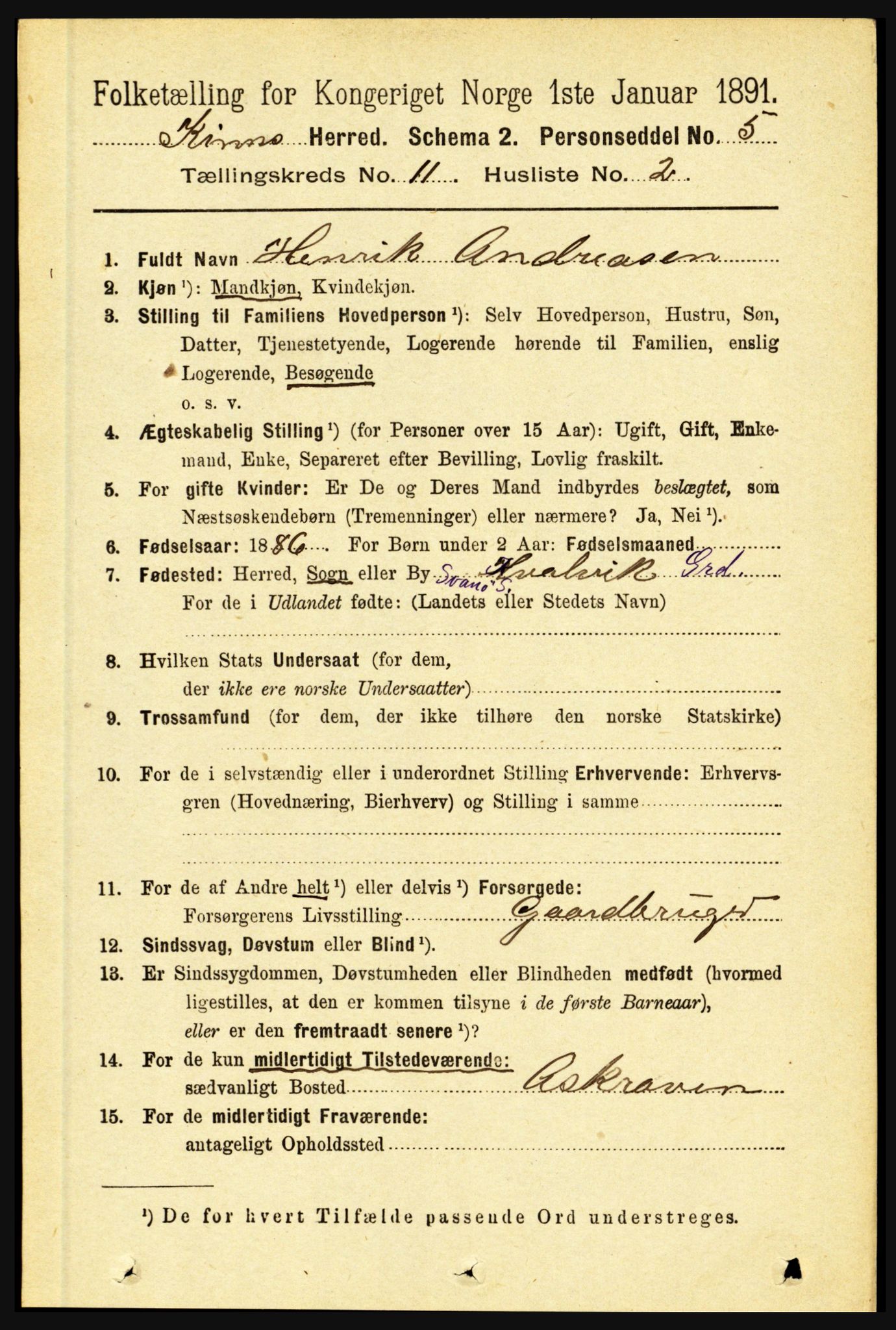 RA, 1891 census for 1437 Kinn, 1891, p. 4075