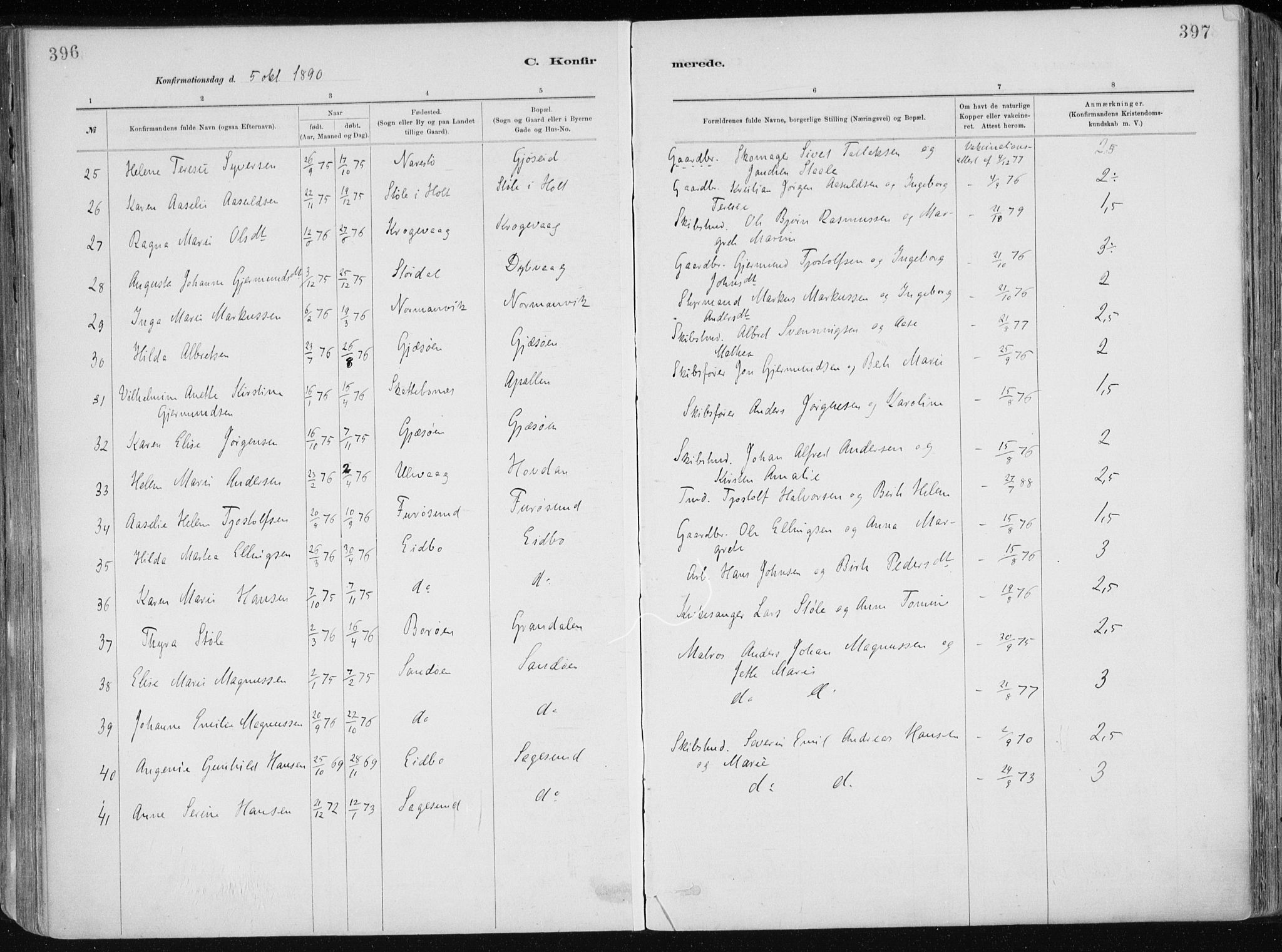 Dypvåg sokneprestkontor, AV/SAK-1111-0007/F/Fa/Faa/L0008: Parish register (official) no. A 8, 1885-1906, p. 396-397