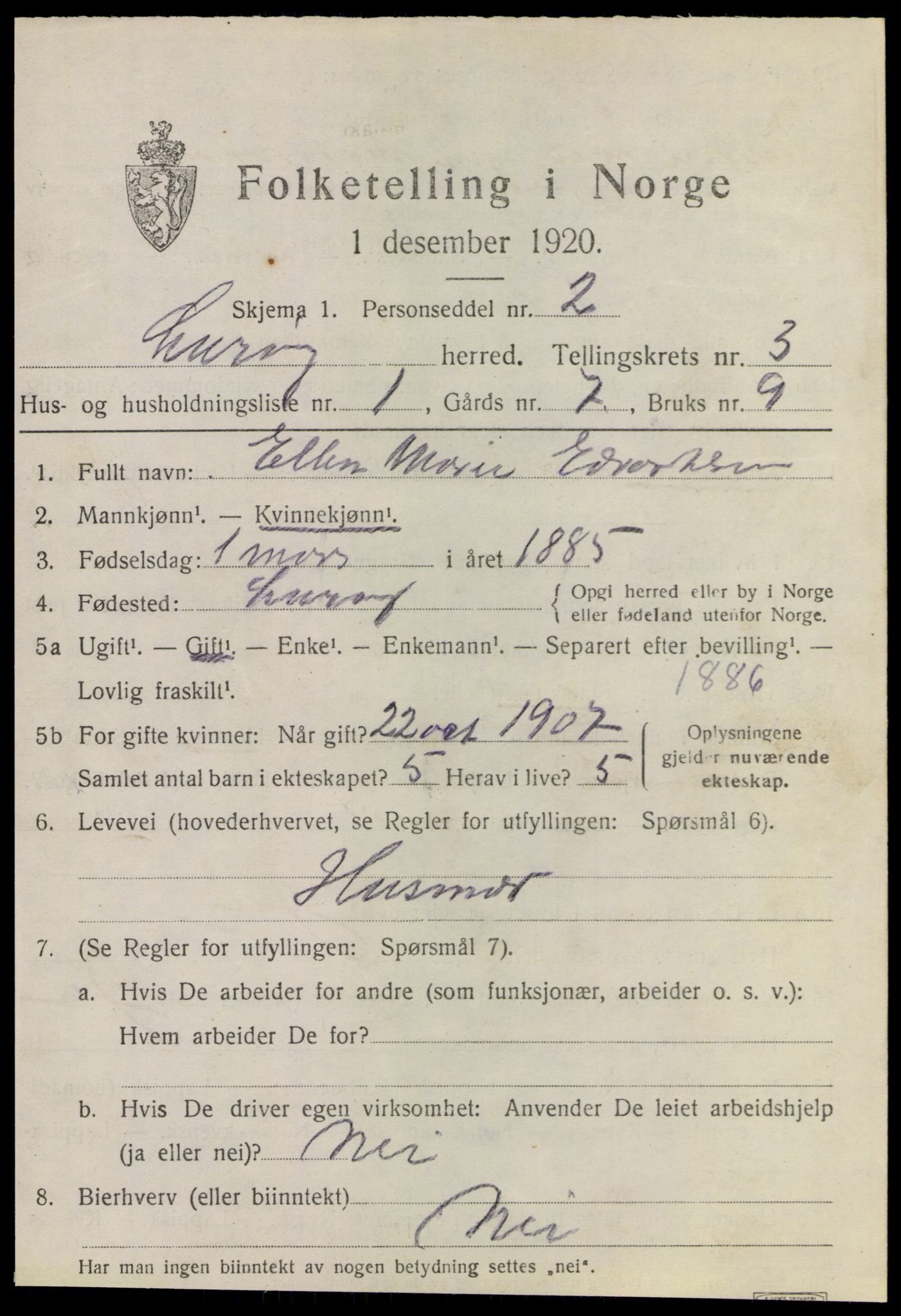 SAT, 1920 census for Lurøy, 1920, p. 1807