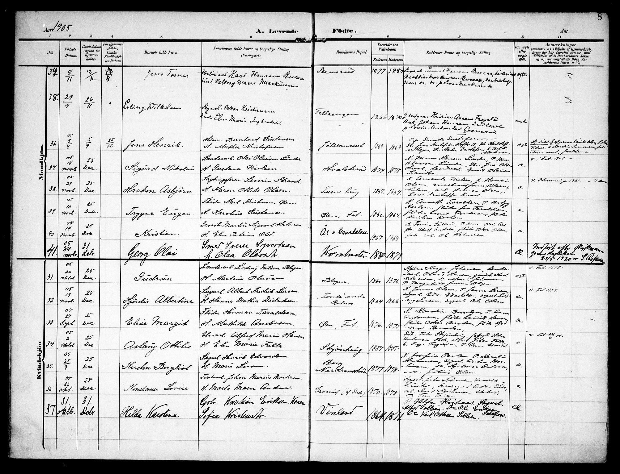 Fet prestekontor Kirkebøker, AV/SAO-A-10370a/F/Fa/L0016: Parish register (official) no. I 16, 1905-1914, p. 8