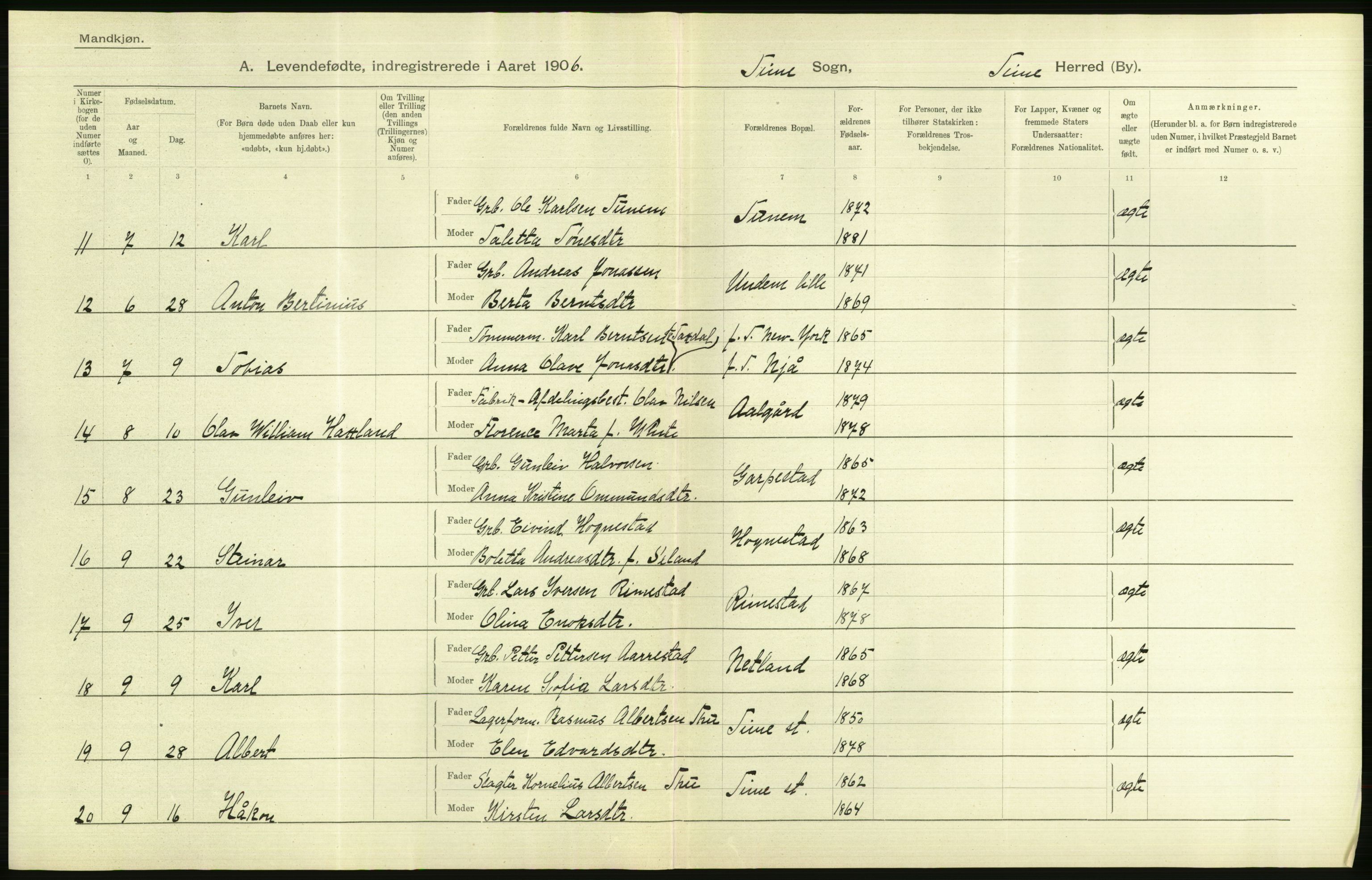 Statistisk sentralbyrå, Sosiodemografiske emner, Befolkning, AV/RA-S-2228/D/Df/Dfa/Dfad/L0025: Stavanger amt: Levendefødte menn og kvinner. Bygder., 1906, p. 4