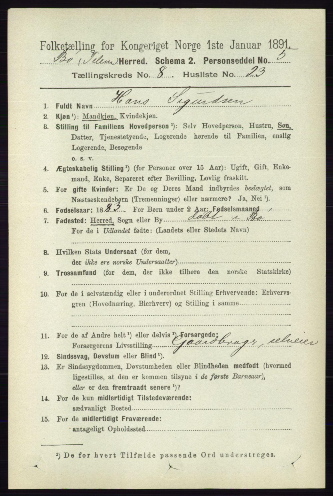 RA, 1891 census for 0821 Bø, 1891, p. 2679