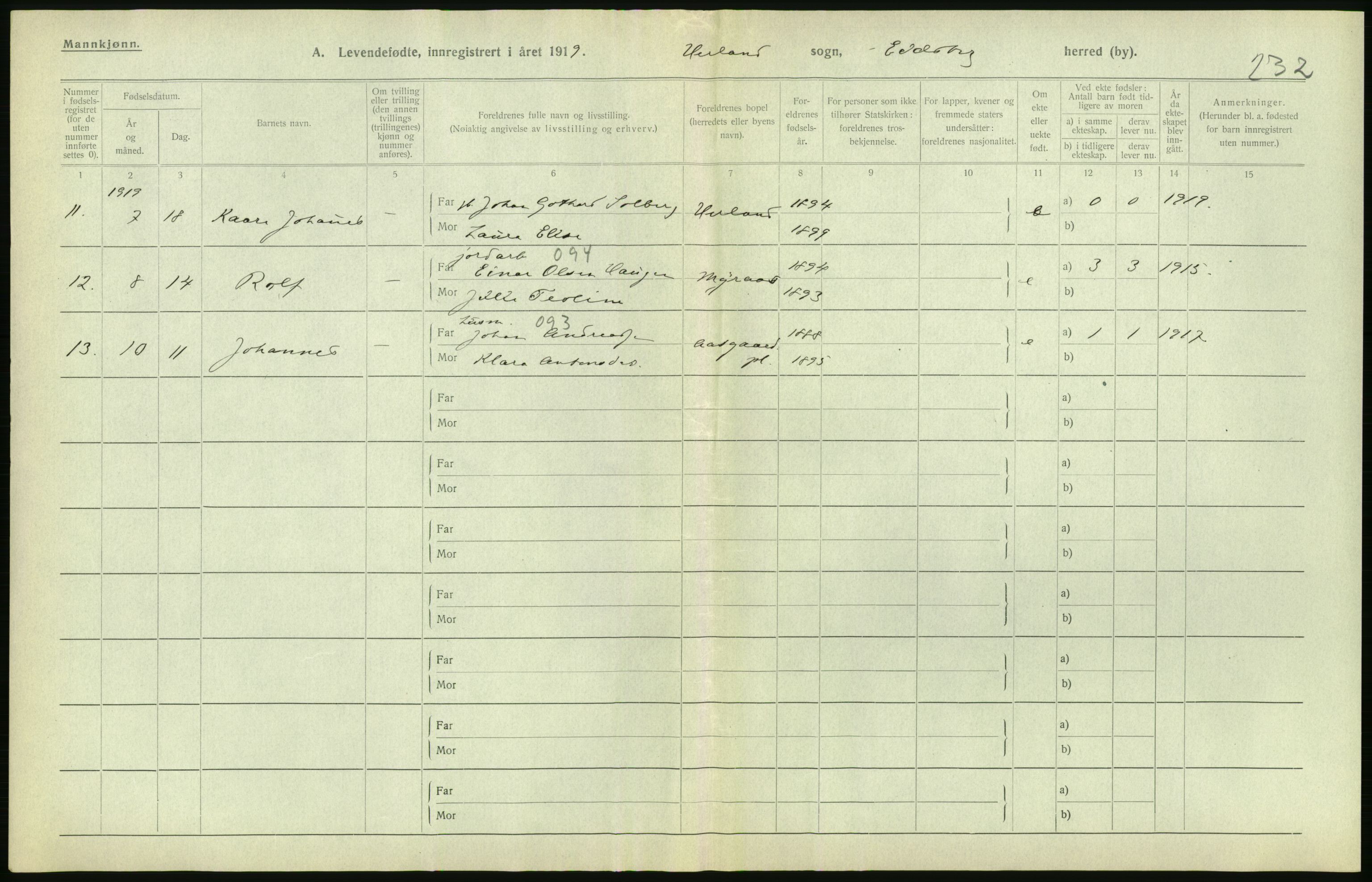 Statistisk sentralbyrå, Sosiodemografiske emner, Befolkning, RA/S-2228/D/Df/Dfb/Dfbi/L0001: Østfold fylke: Levendefødte menn og kvinner. Bygder., 1919, p. 562