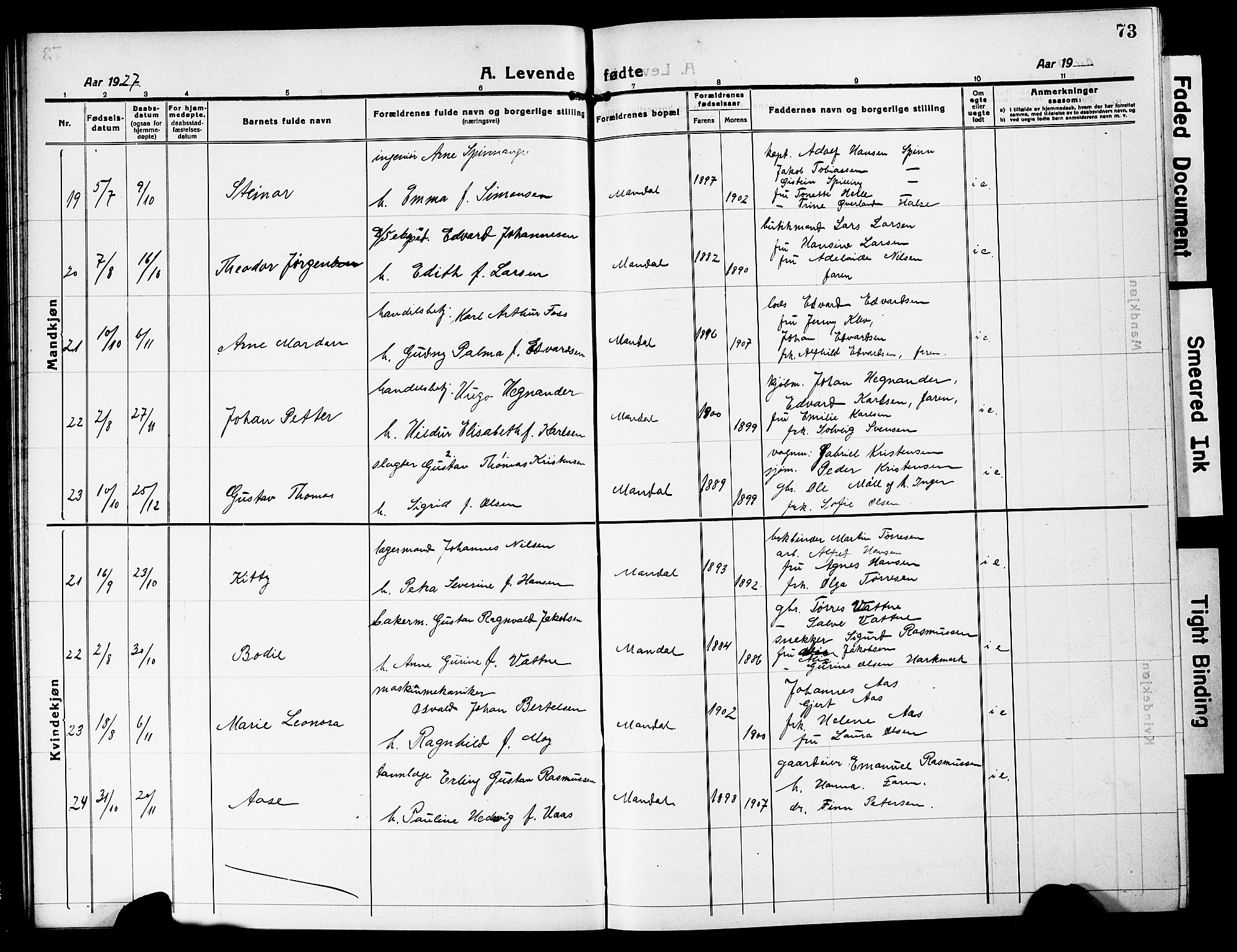 Mandal sokneprestkontor, SAK/1111-0030/F/Fb/Fbc/L0001: Parish register (copy) no. B 1, 1918-1931, p. 73