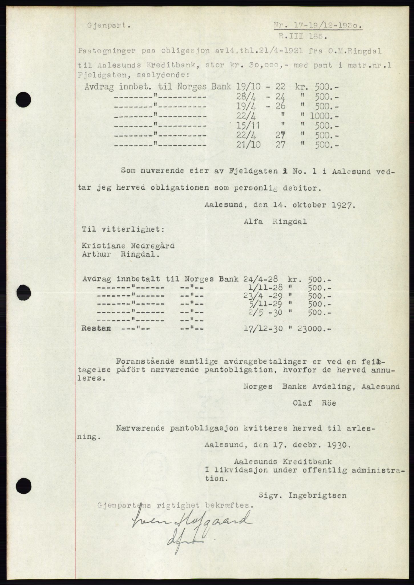 Ålesund byfogd, AV/SAT-A-4384: Mortgage book no. 27, 1930-1931, Deed date: 19.12.1930