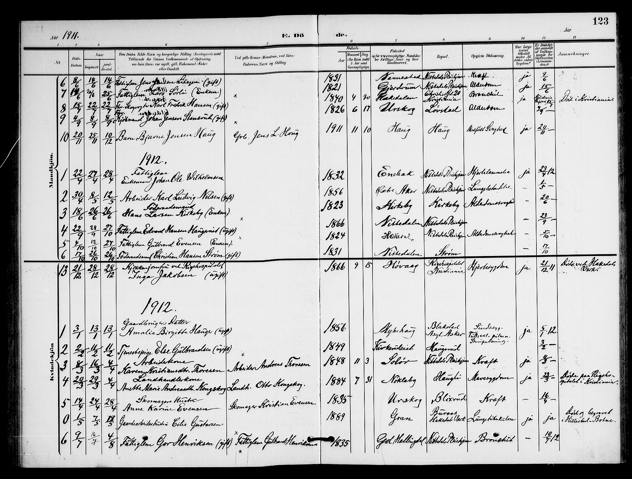 Nittedal prestekontor Kirkebøker, SAO/A-10365a/F/Fb/L0002: Parish register (official) no. II 2, 1902-1921, p. 123