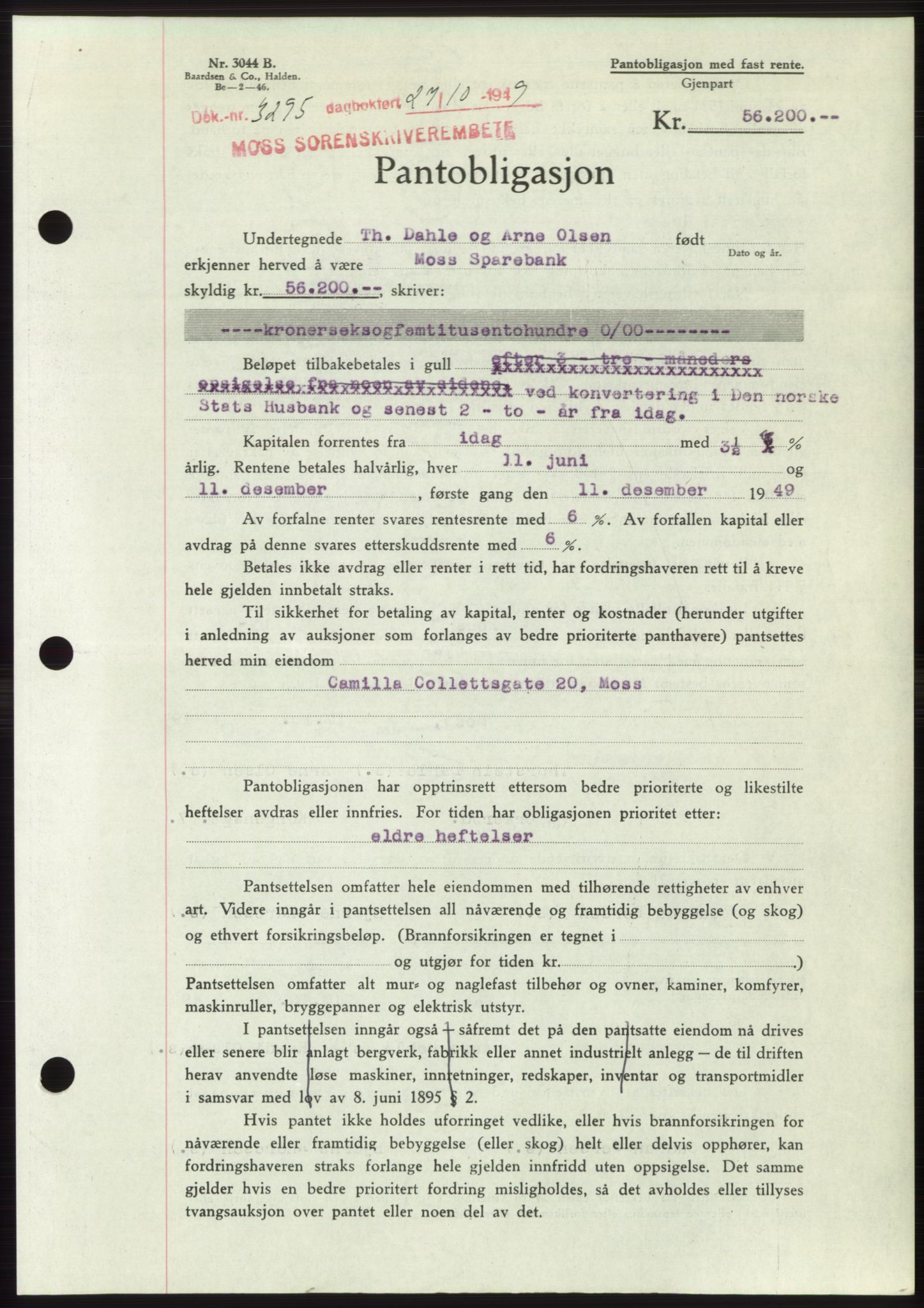 Moss sorenskriveri, SAO/A-10168: Mortgage book no. B23, 1949-1950, Diary no: : 3295/1949